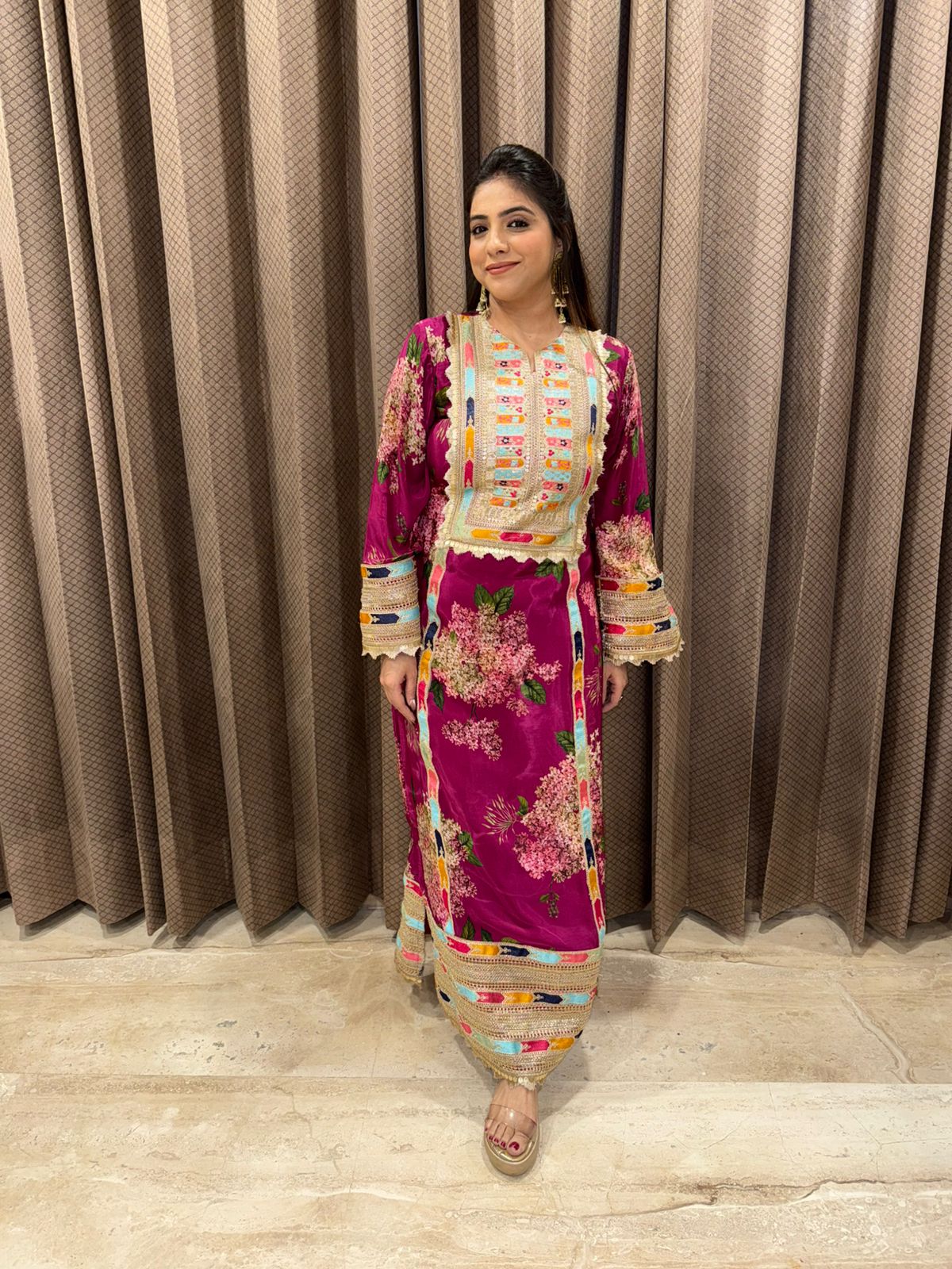 Wine Floral Printed Dress with Embroidered Neckline and Bell Sleeves