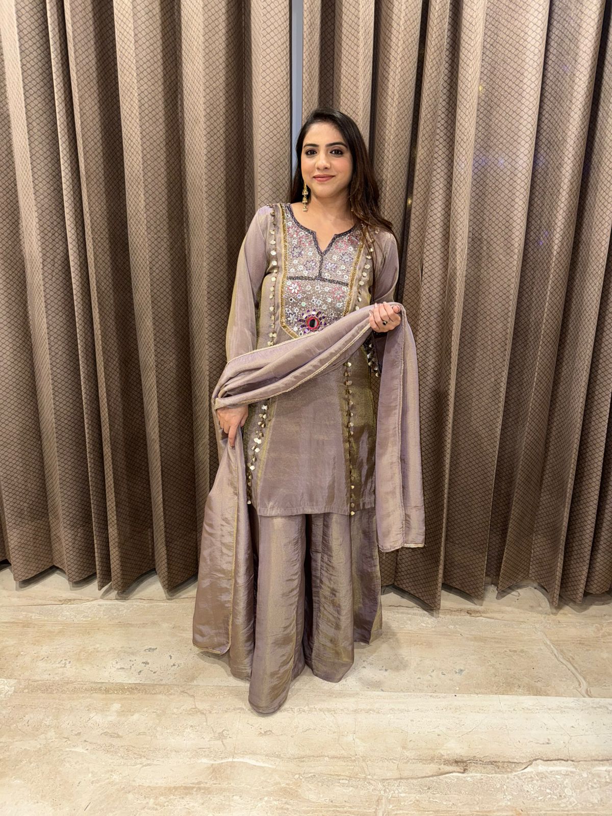 Mauve Mirror Work Sharara Set with Embroidered Kurta and Dupatta