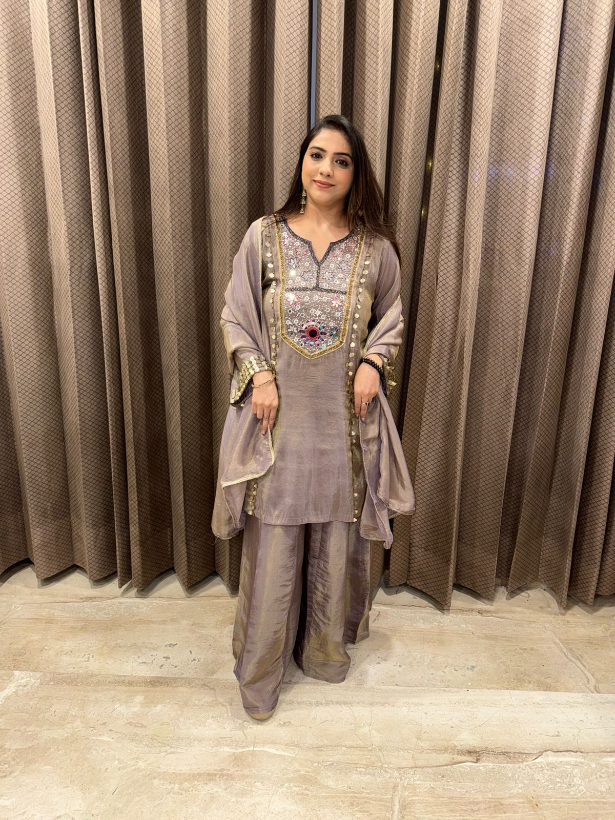 Mauve Mirror Work Sharara Set with Embroidered Kurta and Dupatta