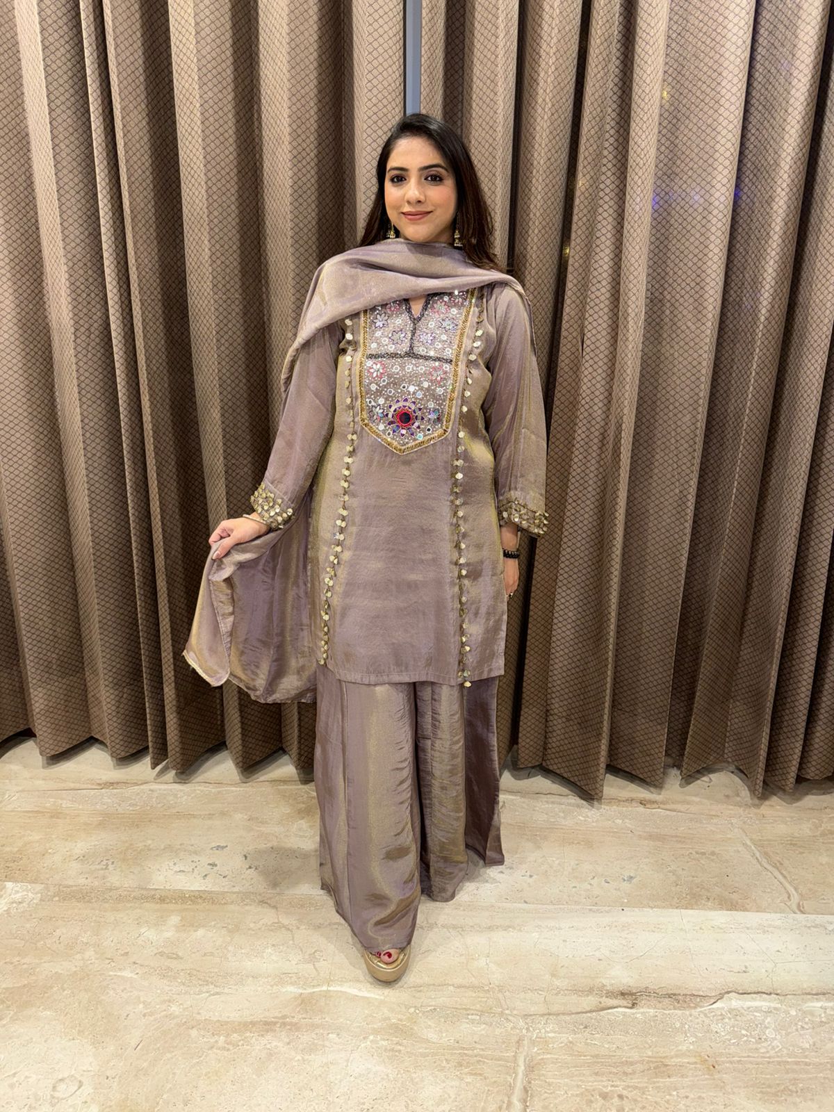 Mauve Mirror Work Sharara Set with Embroidered Kurta and Dupatta