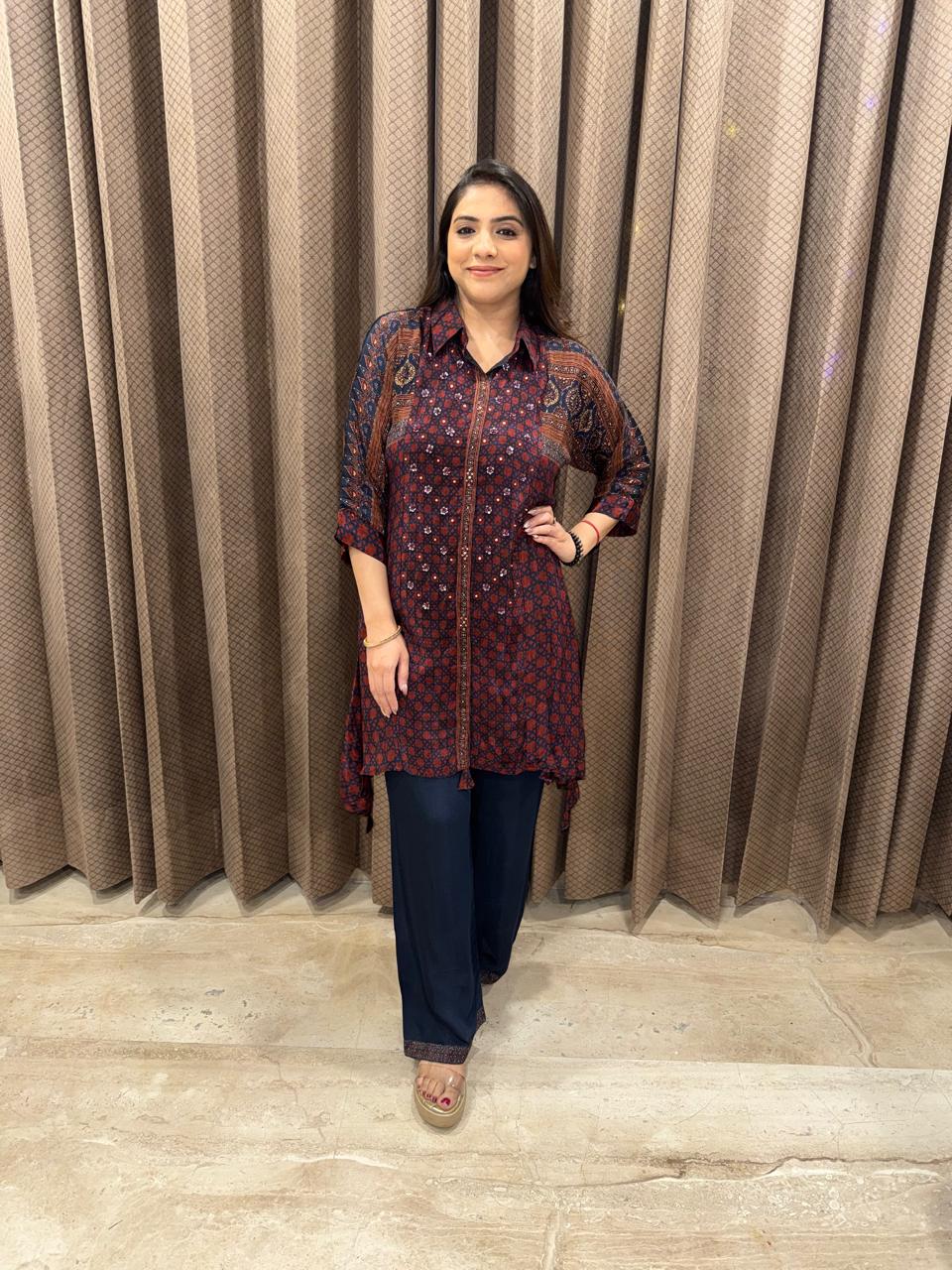 Blue Printed Co-ord Set with Collared Kurta and Straight Pants