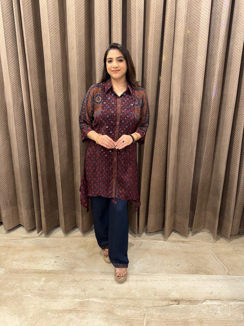 Blue Printed Co-ord Set with Collared Kurta and Straight Pants