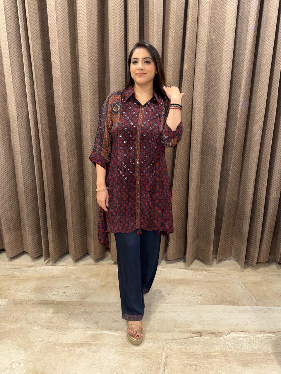 Blue Printed Co-ord Set with Collared Kurta and Straight Pants