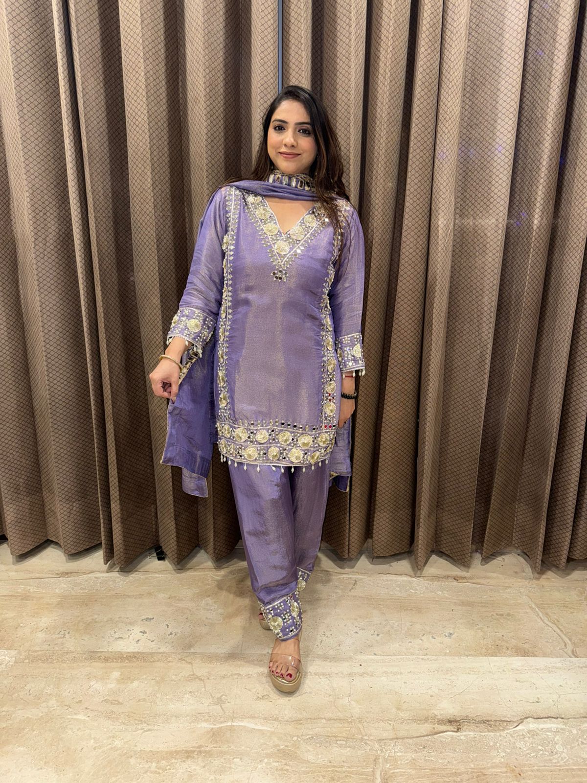 Lavender Mirror Work Suit Set with Embellished Kurta and Dupatta