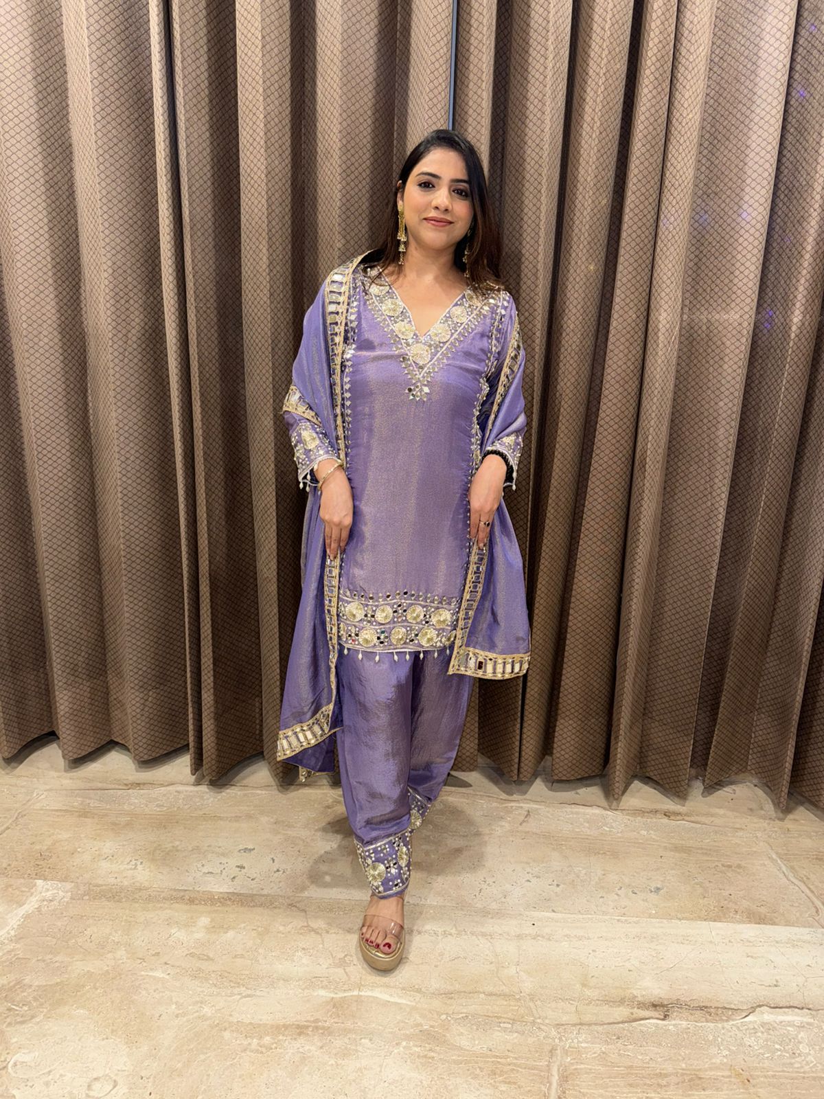 Lavender Mirror Work Suit Set with Embellished Kurta and Dupatta