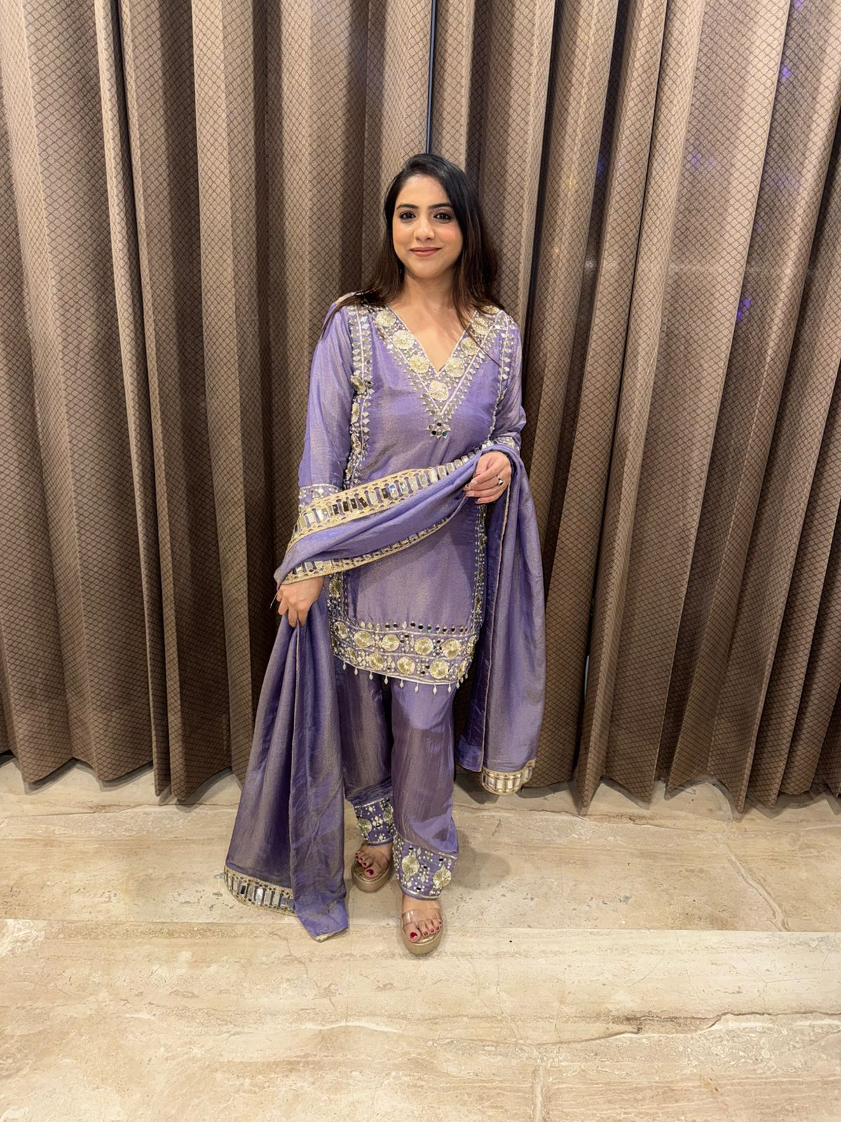 Lavender Mirror Work Suit Set with Embellished Kurta and Dupatta