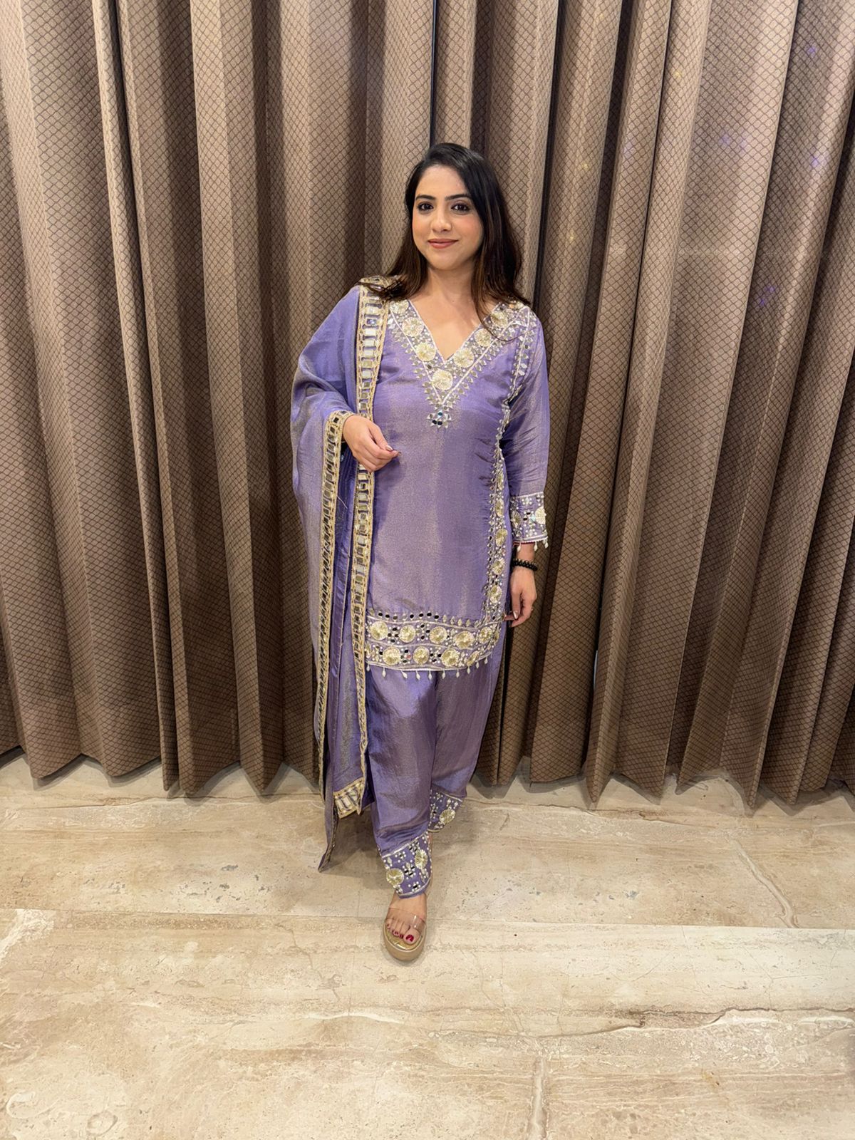 Lavender Mirror Work Suit Set with Embellished Kurta and Dupatta