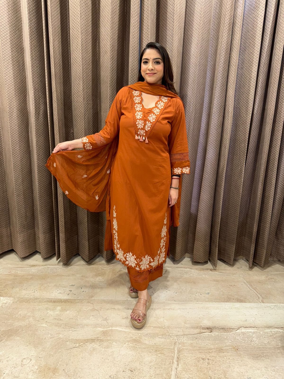 Rust Embroidered Suit Set with Cutwork Detailing and Dupatta