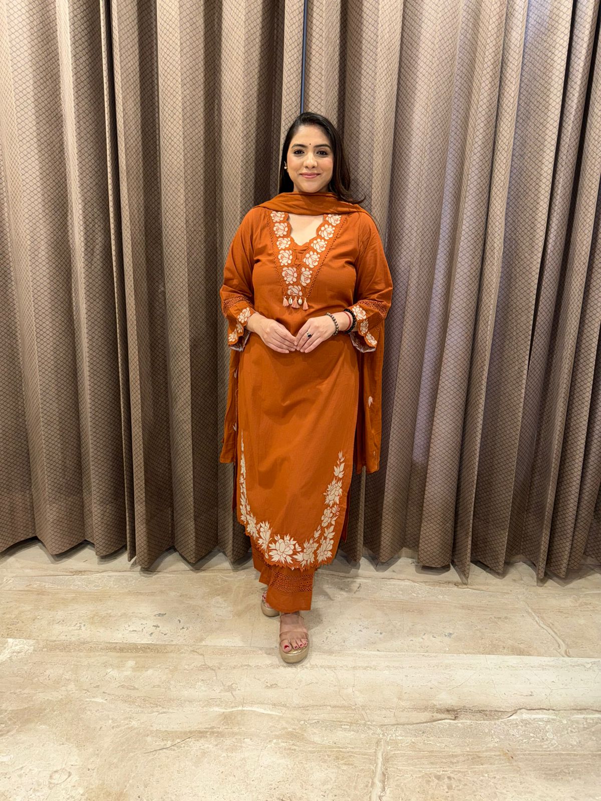 Rust Embroidered Suit Set with Cutwork Detailing and Dupatta