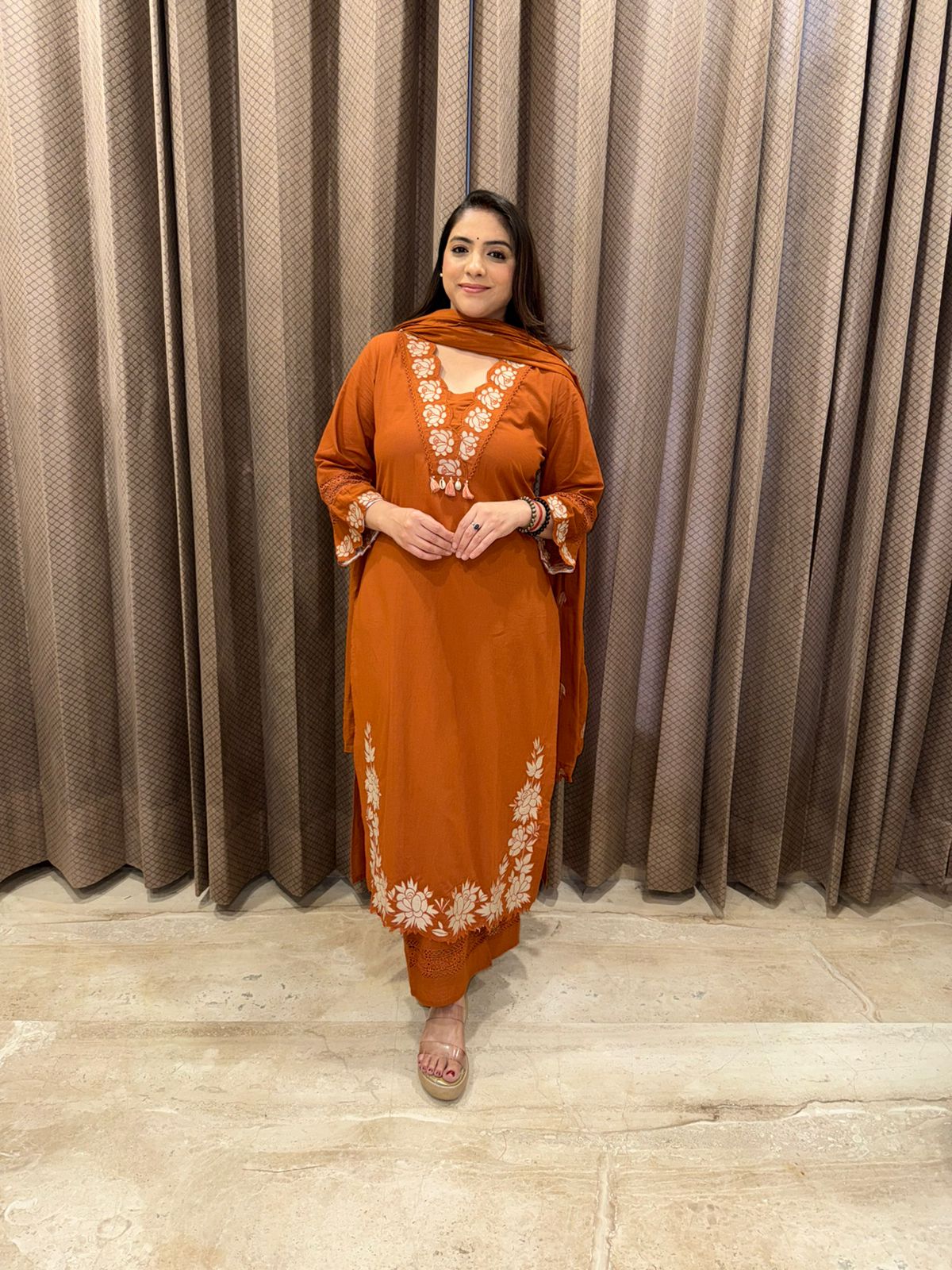 Rust Embroidered Suit Set with Cutwork Detailing and Dupatta