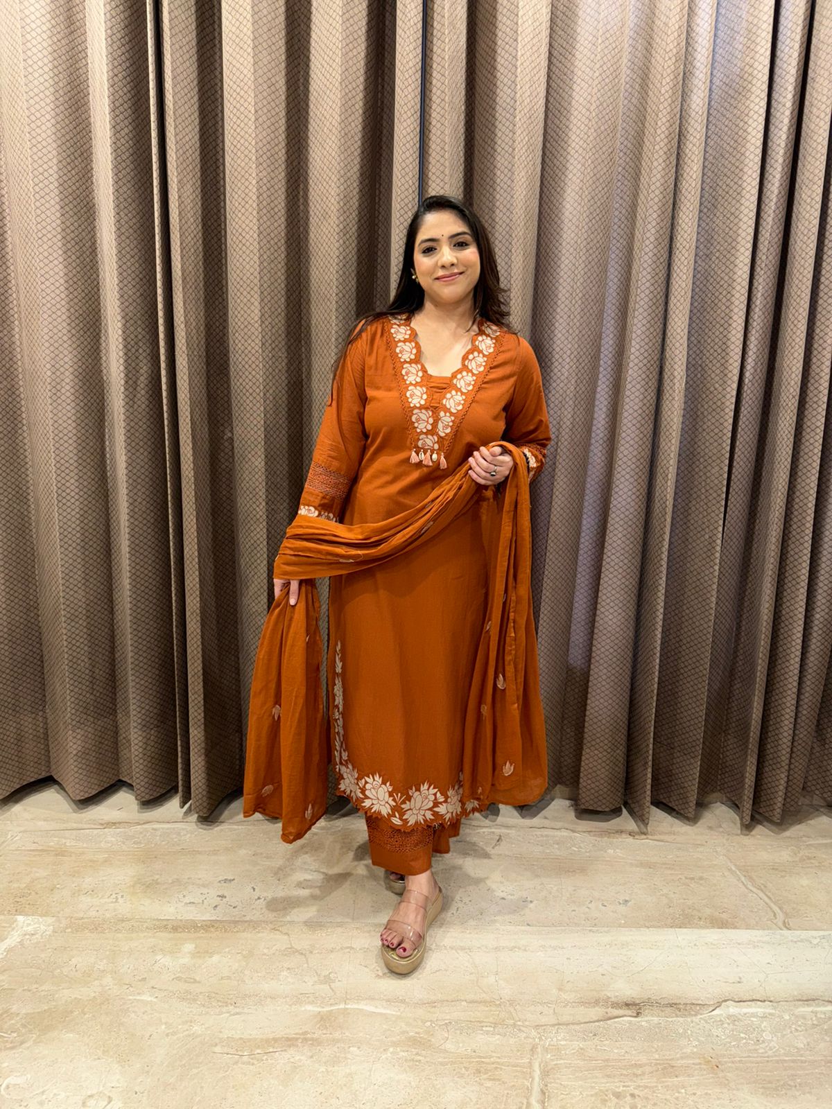 Rust Embroidered Suit Set with Cutwork Detailing and Dupatta