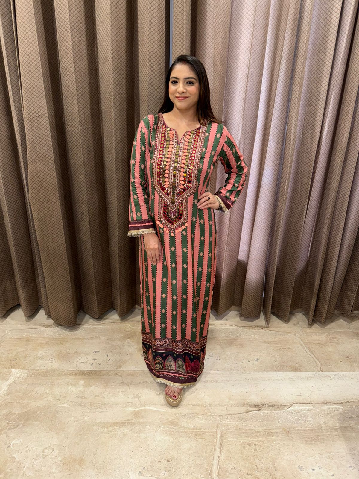 Peach and Green Printed Straight Dress with Mirror Work Detailing