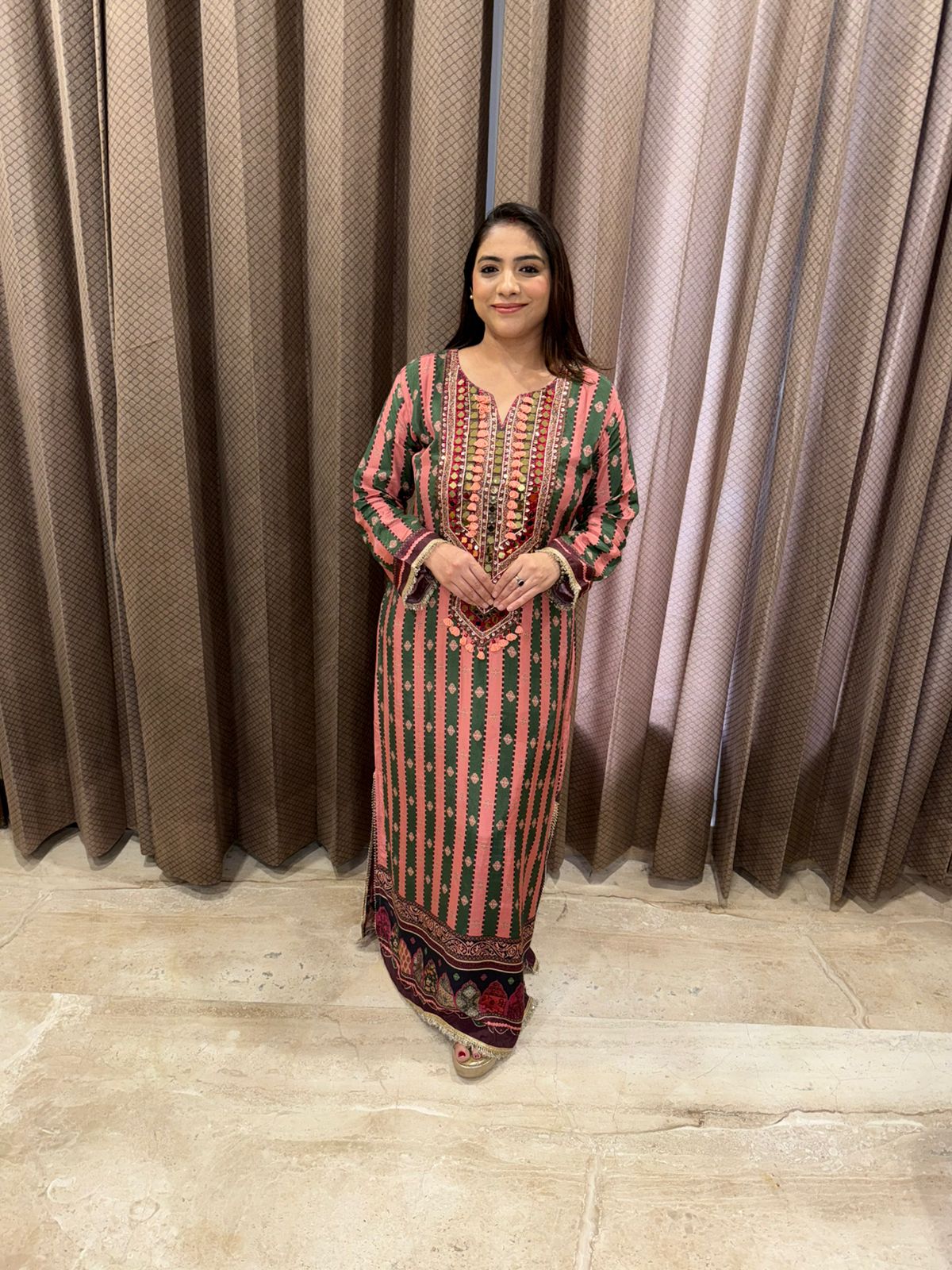 Peach and Green Printed Straight Dress with Mirror Work Detailing