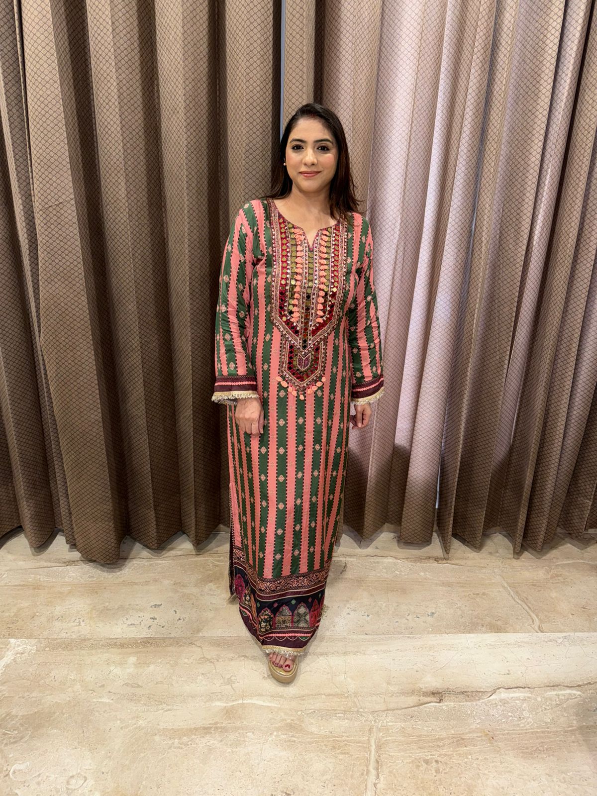 Peach and Green Printed Straight Dress with Mirror Work Detailing