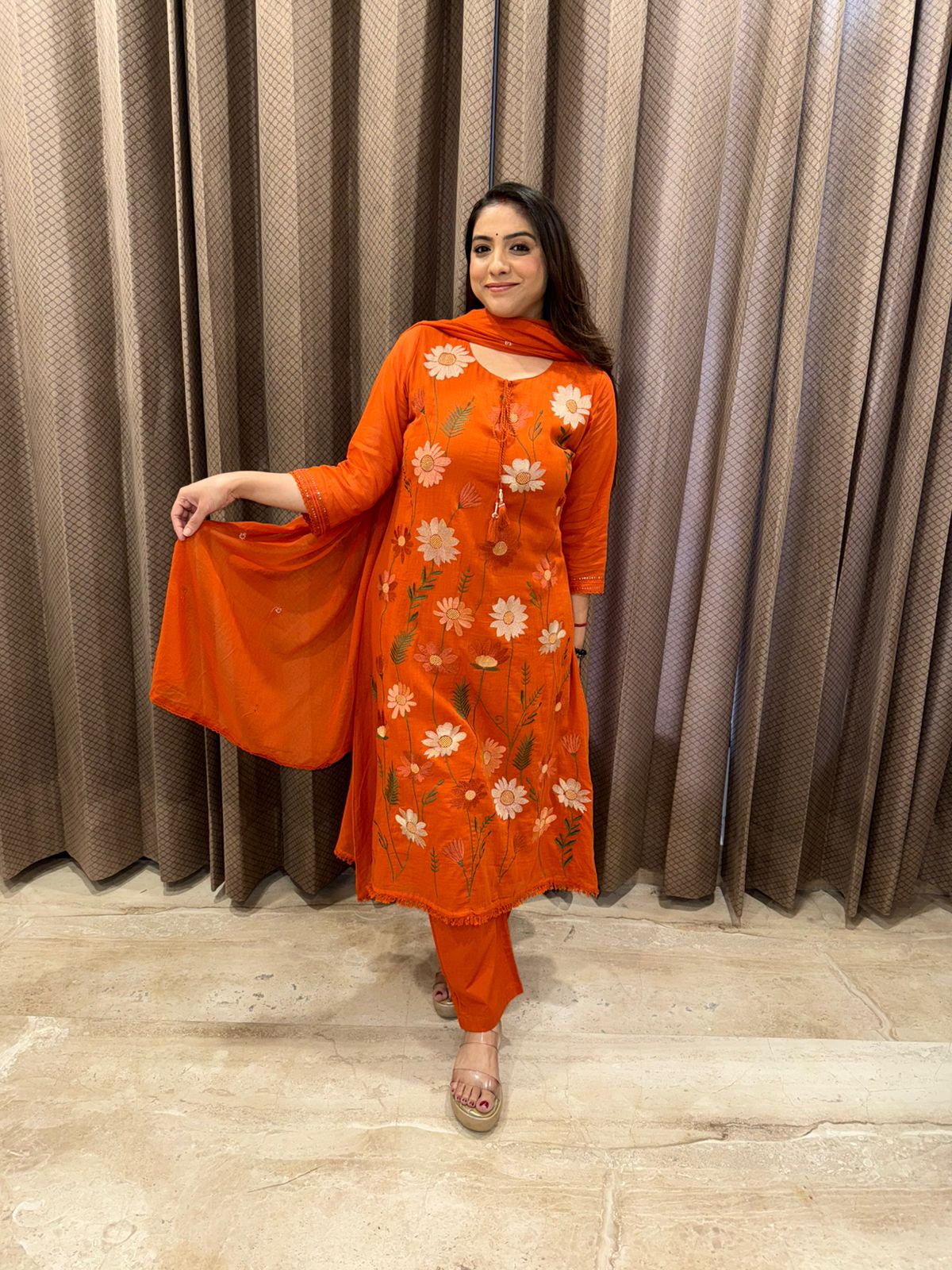 Orange Floral Embroidered Suit Set with Dupatta