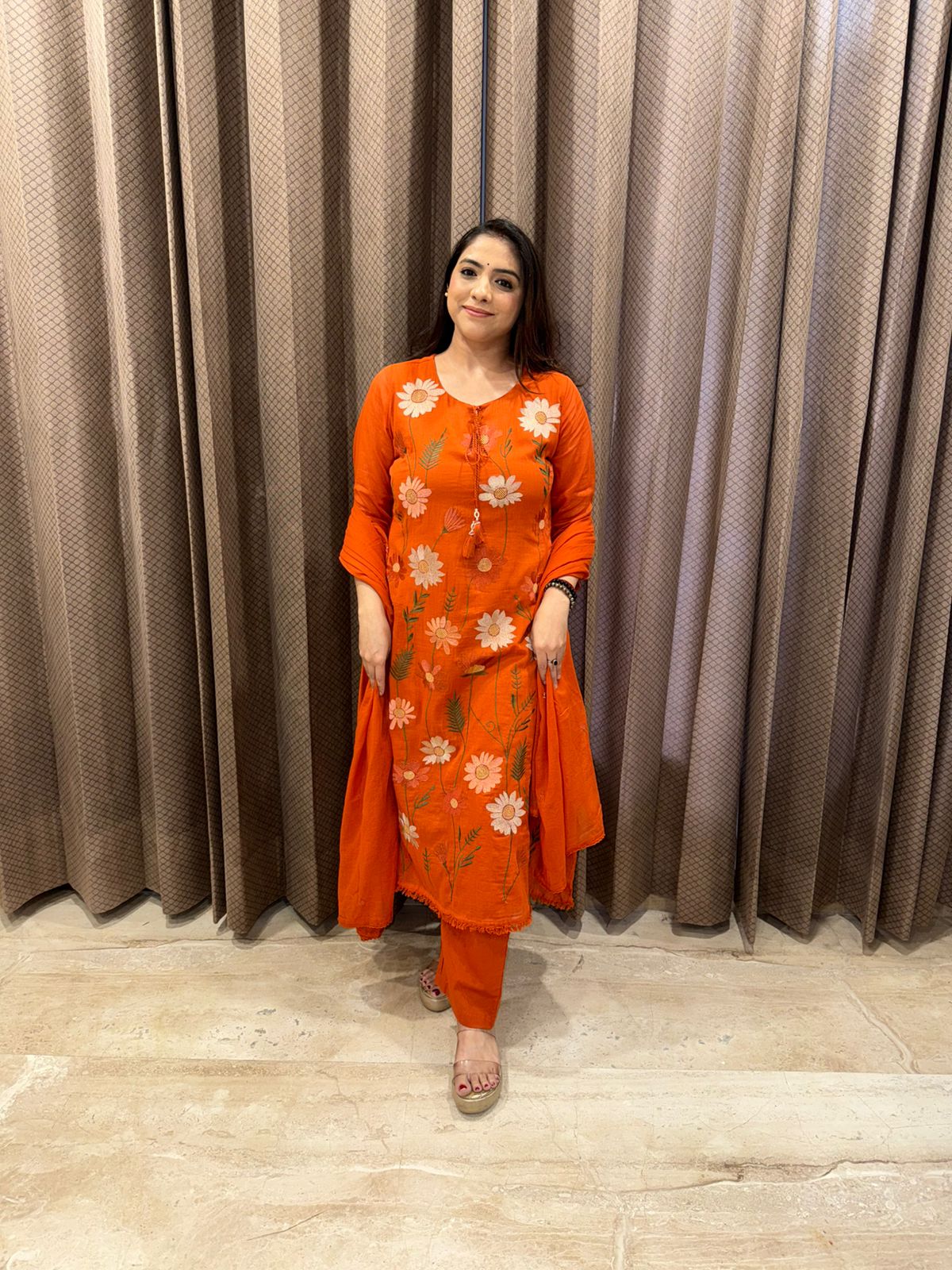 Orange Floral Embroidered Suit Set with Dupatta