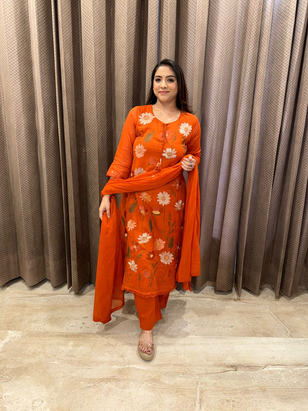 Orange Floral Embroidered Suit Set with Dupatta