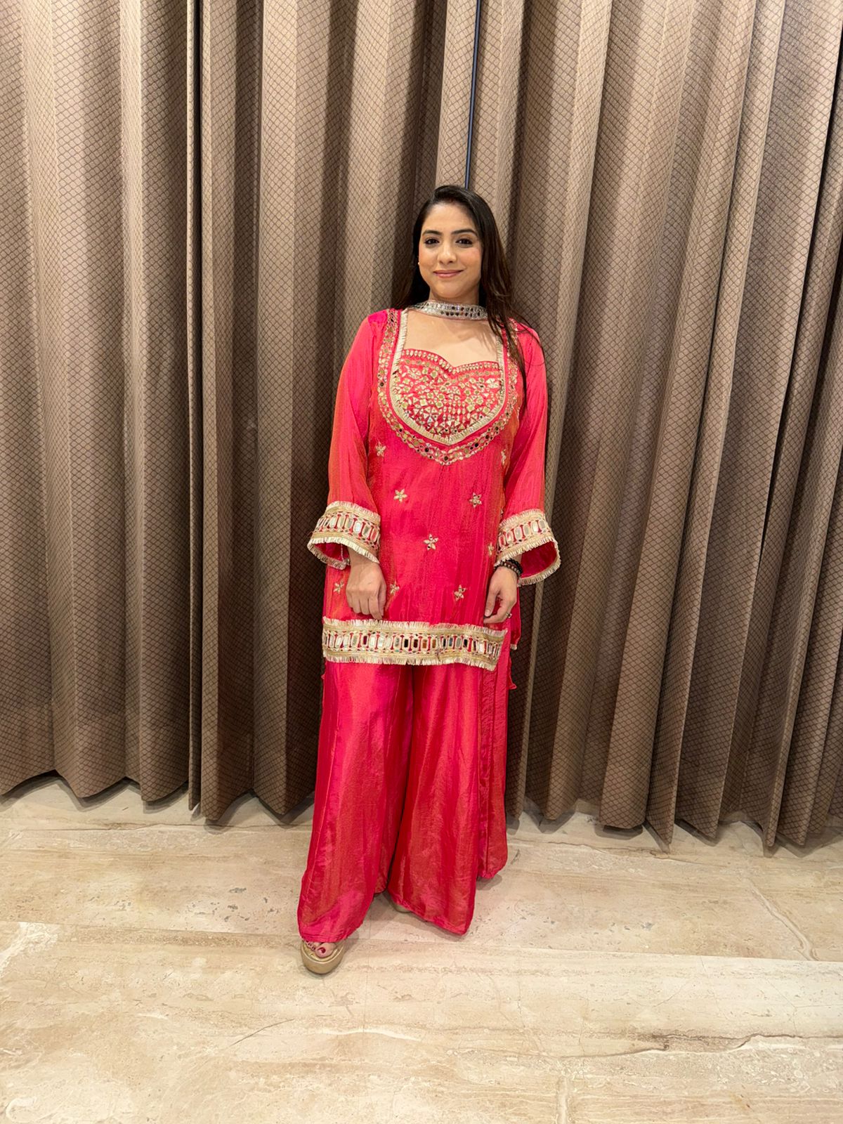 Hot Pink Mirror Work Sharara Set with Embroidered Kurta and Dupatta