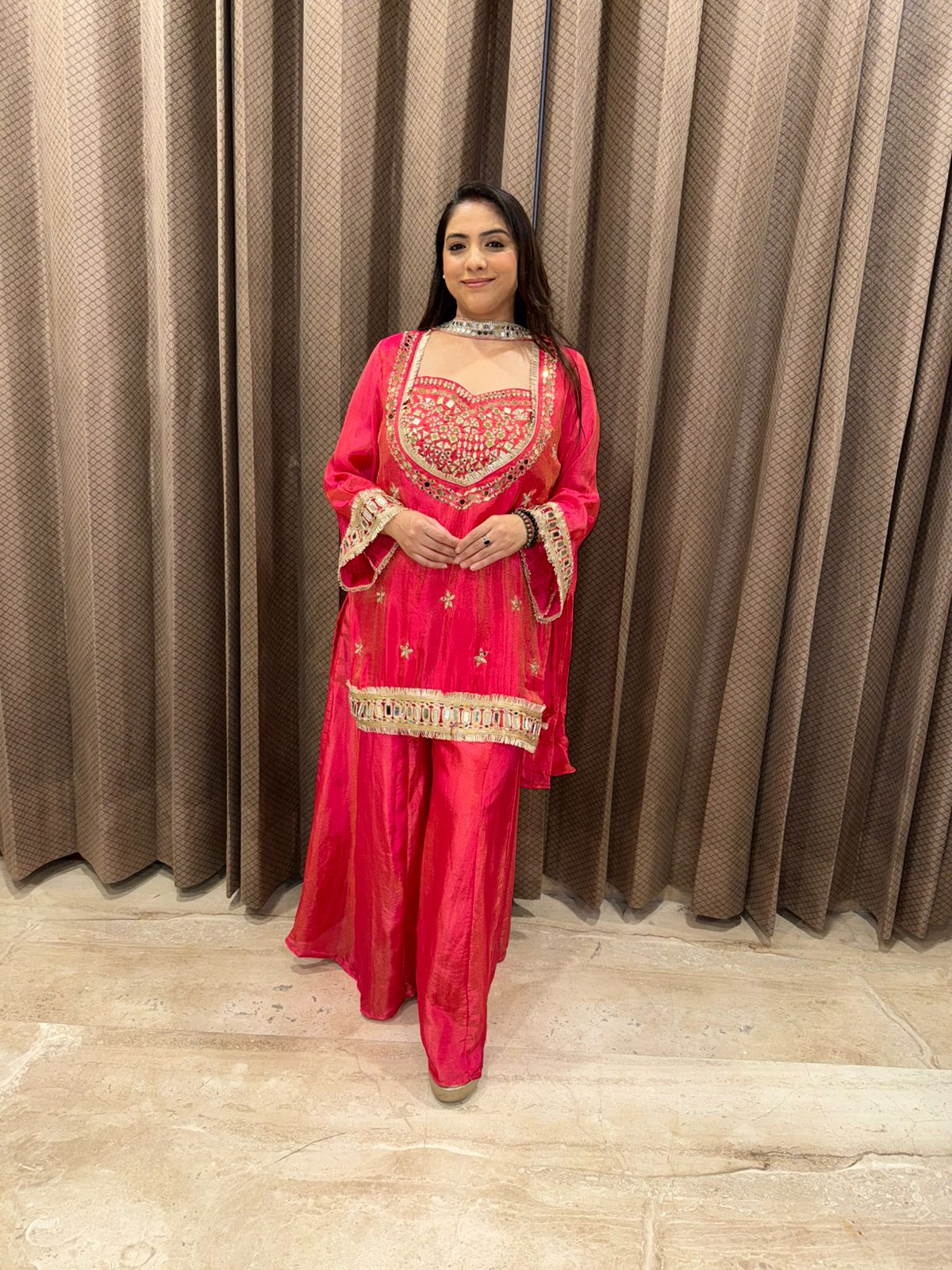 Hot Pink Mirror Work Sharara Set with Embroidered Kurta and Dupatta