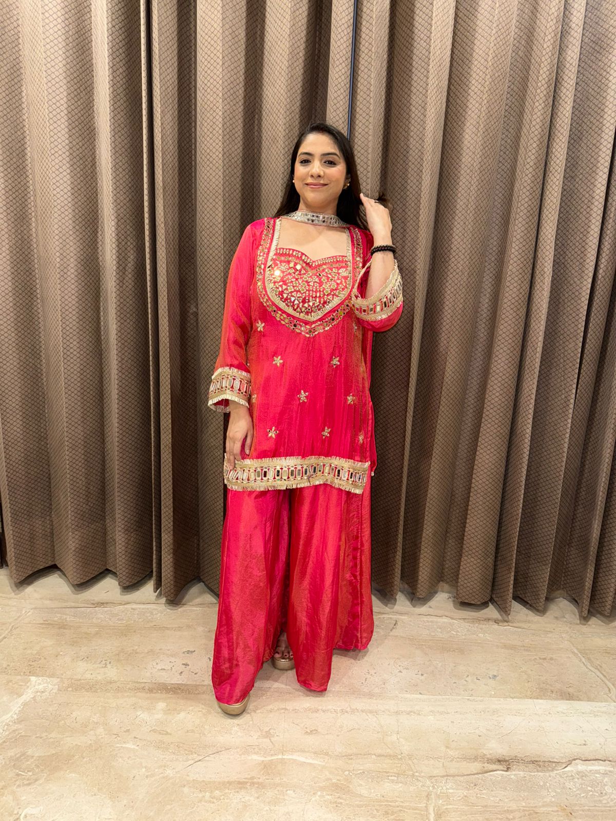 Hot Pink Mirror Work Sharara Set with Embroidered Kurta and Dupatta