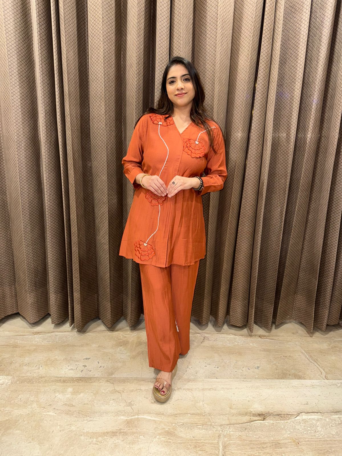 Rust Orange Co-ord Set with Floral Appliqué Detailing