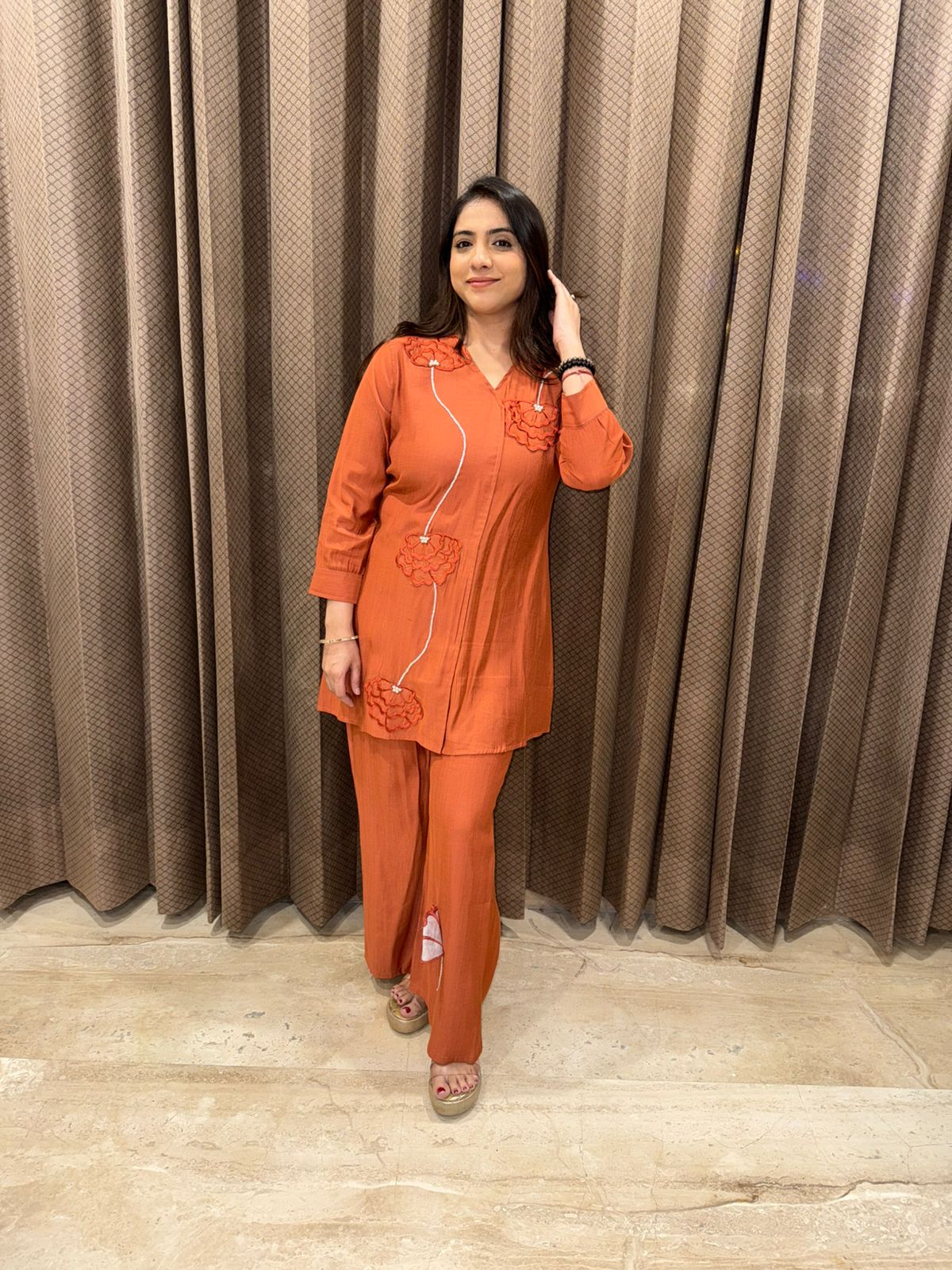 Rust Orange Co-ord Set with Floral Appliqué Detailing