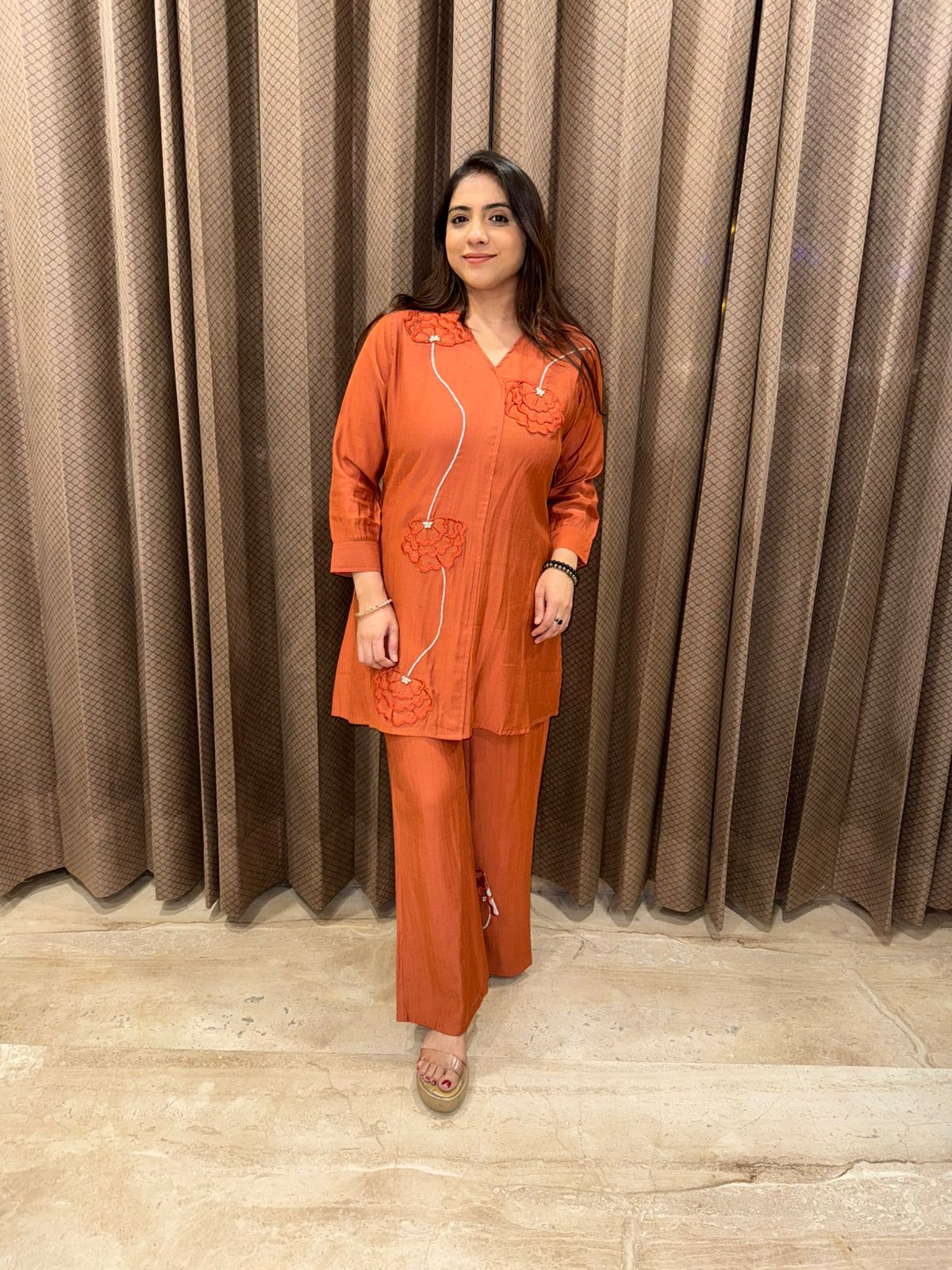 Rust Orange Co-ord Set with Floral Appliqué Detailing