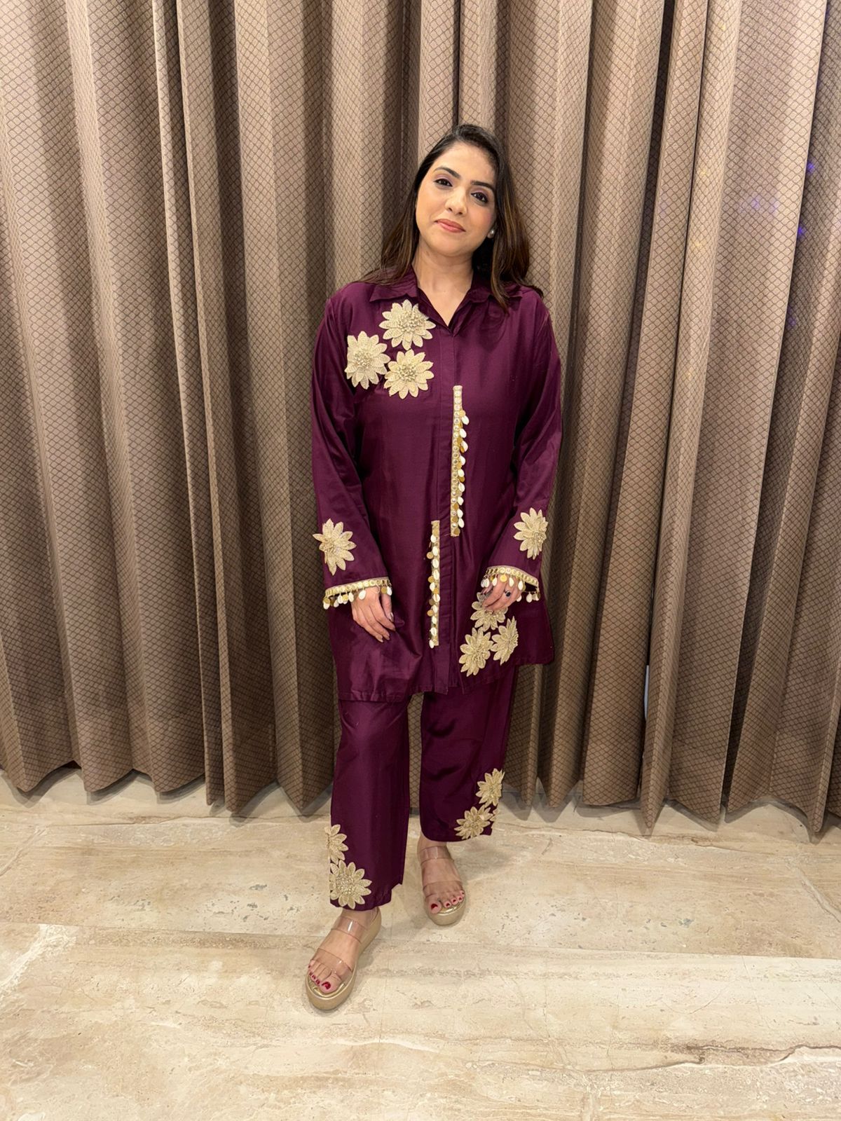 Maroon Embroidered Co-ord Set with Golden Floral Detailing