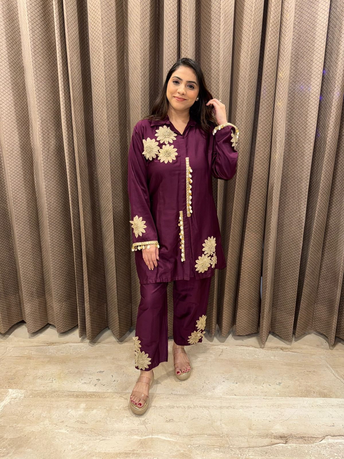 Maroon Embroidered Co-ord Set with Golden Floral Detailing