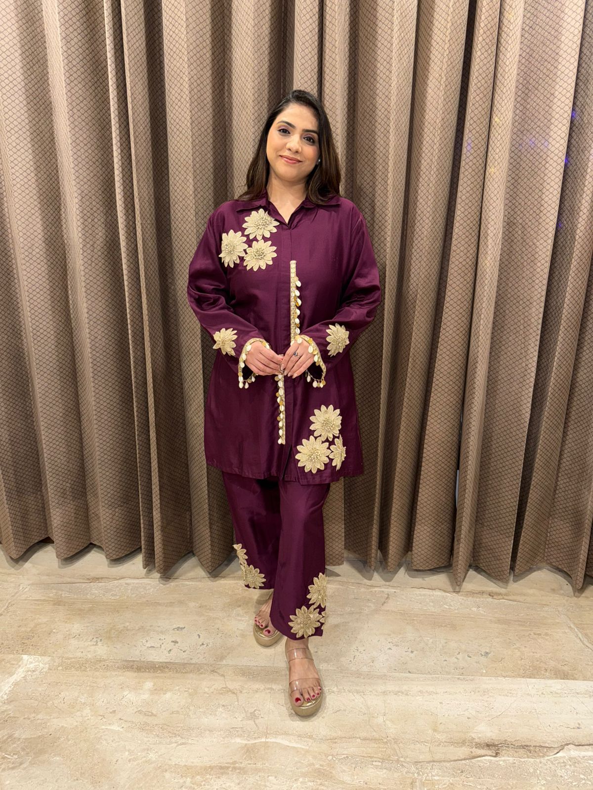 Maroon Embroidered Co-ord Set with Golden Floral Detailing