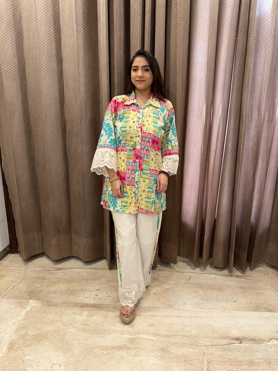 Multicolor Printed Co-ord Set with Lace Detailing