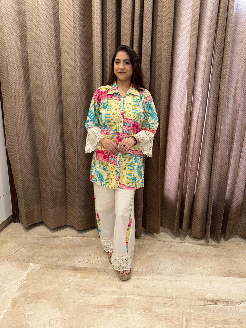 Multicolor Printed Co-ord Set with Lace Detailing