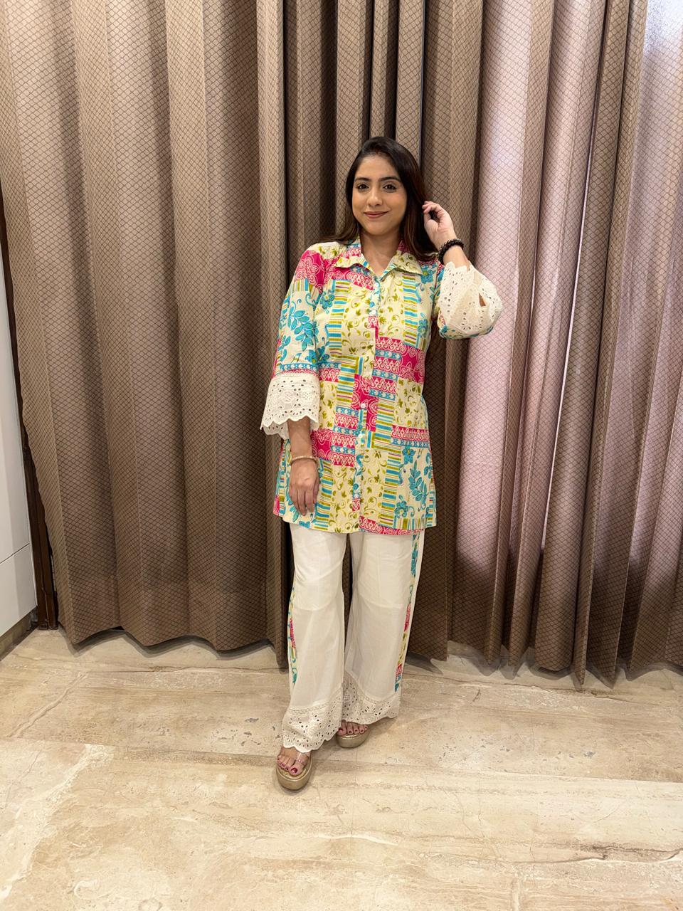 Multicolor Printed Co-ord Set with Lace Detailing