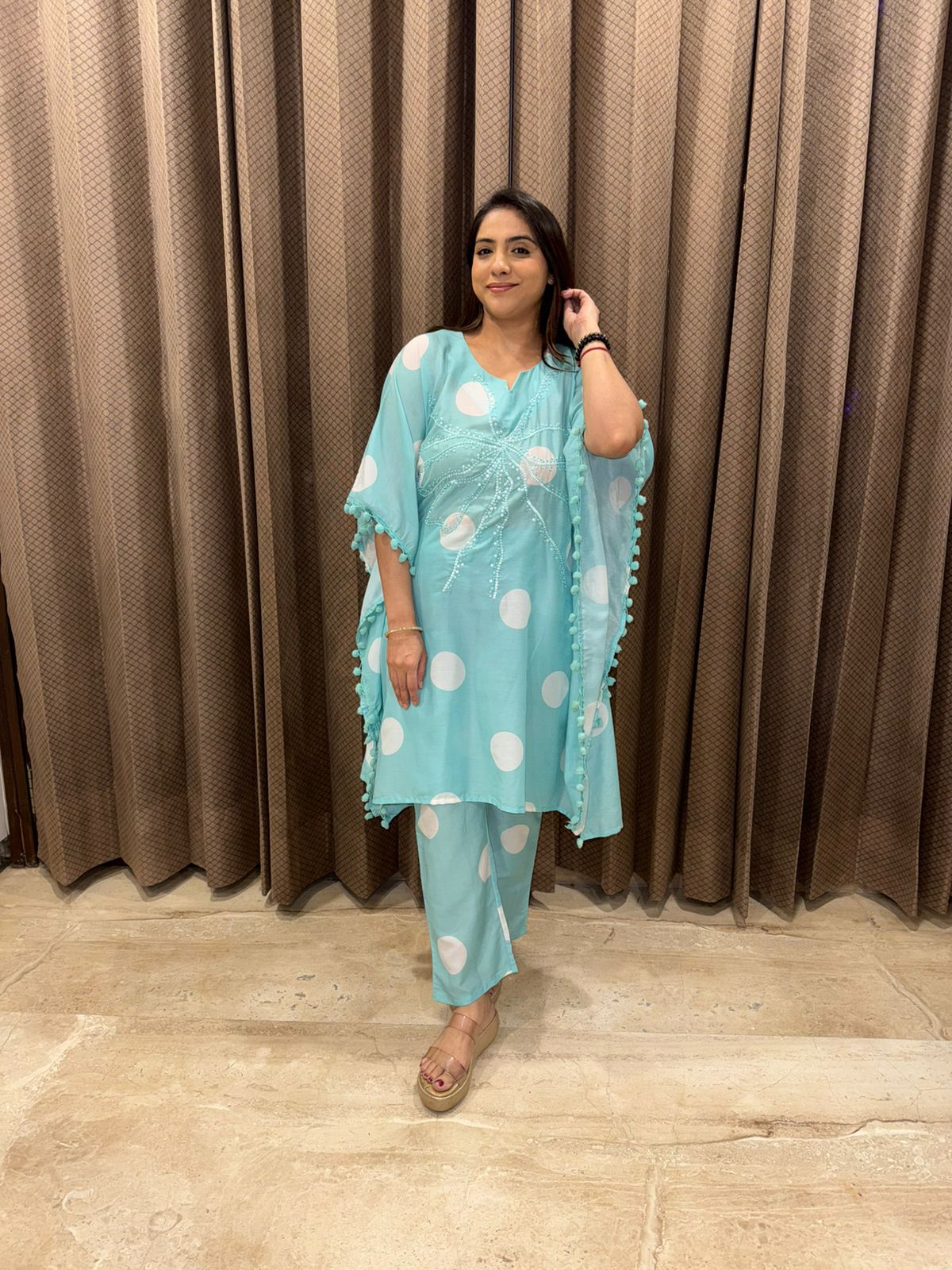 Aqua Blue Polka Dot Kaftan Co-Ord Set with Pom-Pom Detailing