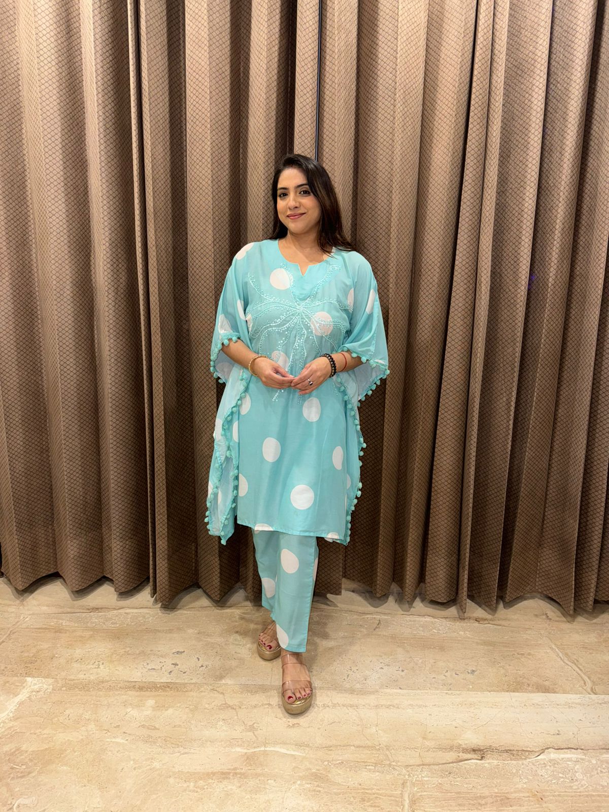 Aqua Blue Polka Dot Kaftan Co-Ord Set with Pom-Pom Detailing