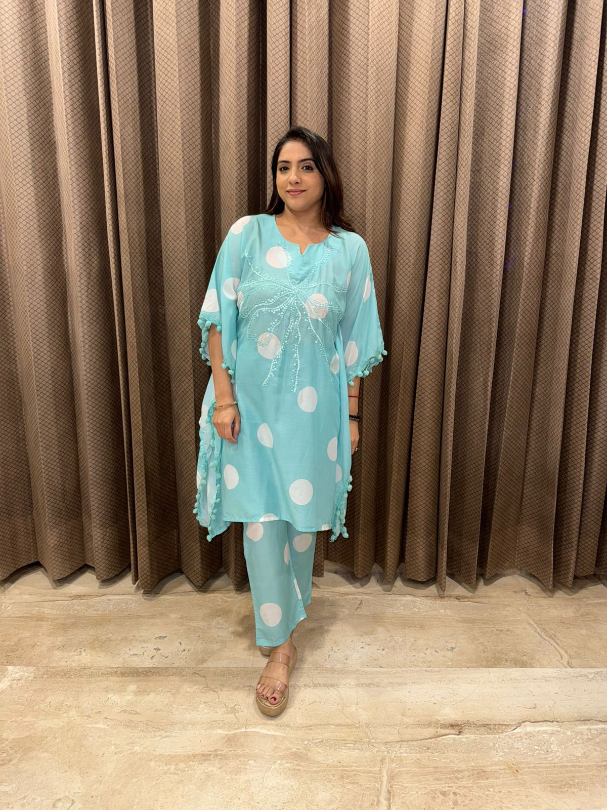 Aqua Blue Polka Dot Kaftan Co-Ord Set with Pom-Pom Detailing