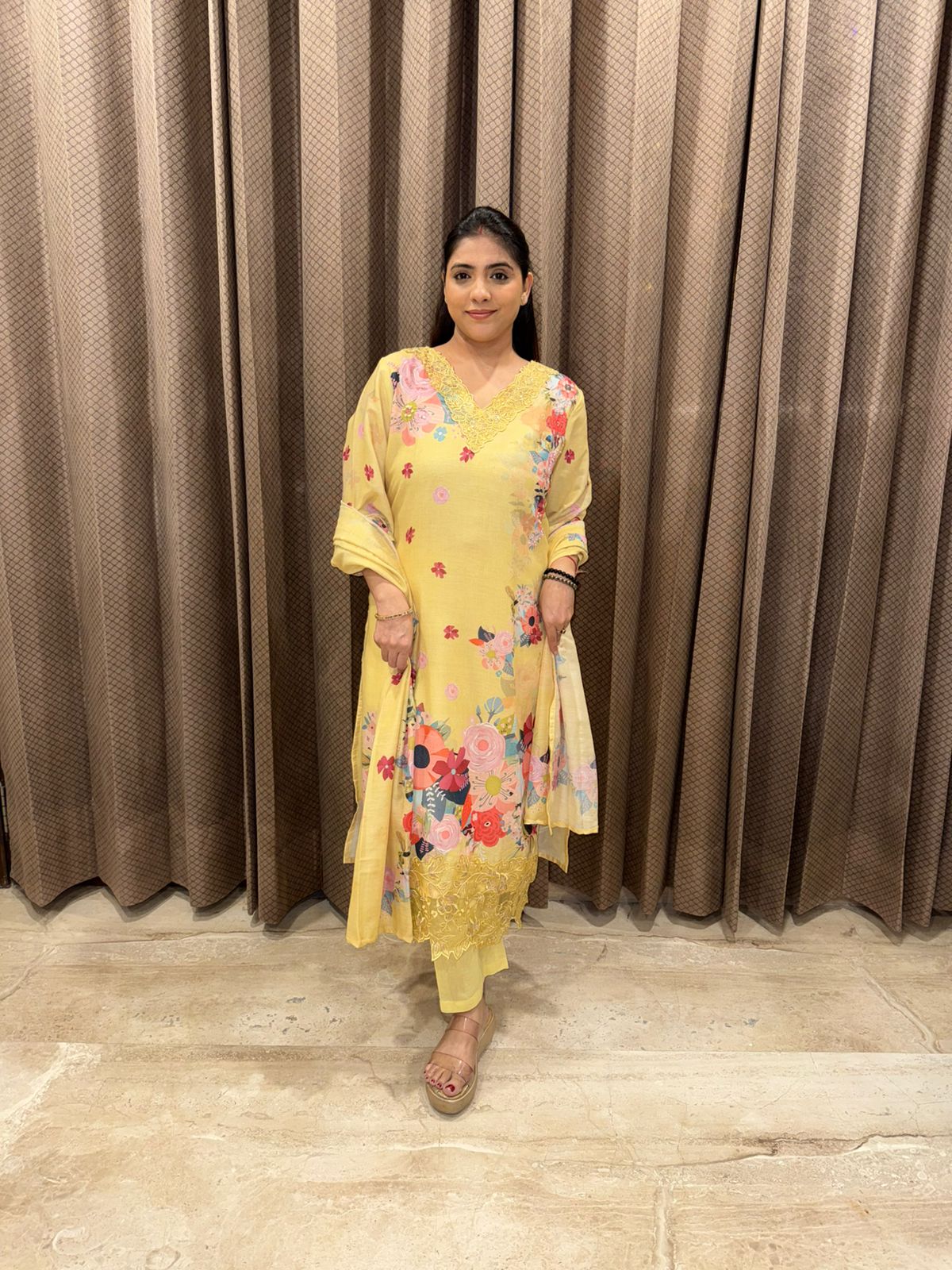 Lemon Yellow Floral Embroidered Suit Set with Lace Detailing