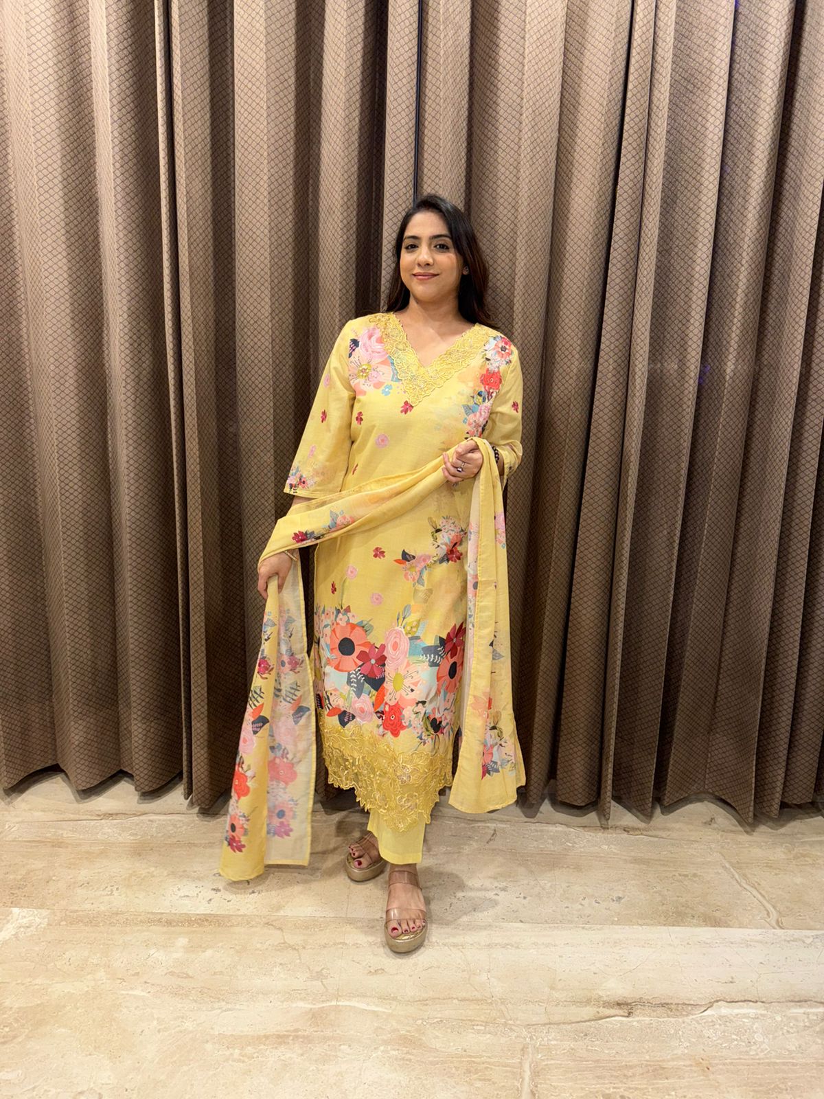 Lemon Yellow Floral Embroidered Suit Set with Lace Detailing