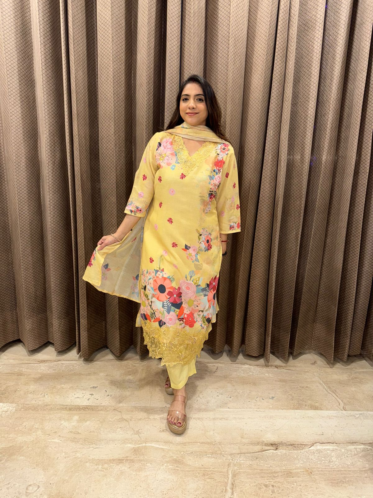 Lemon Yellow Floral Embroidered Suit Set with Lace Detailing