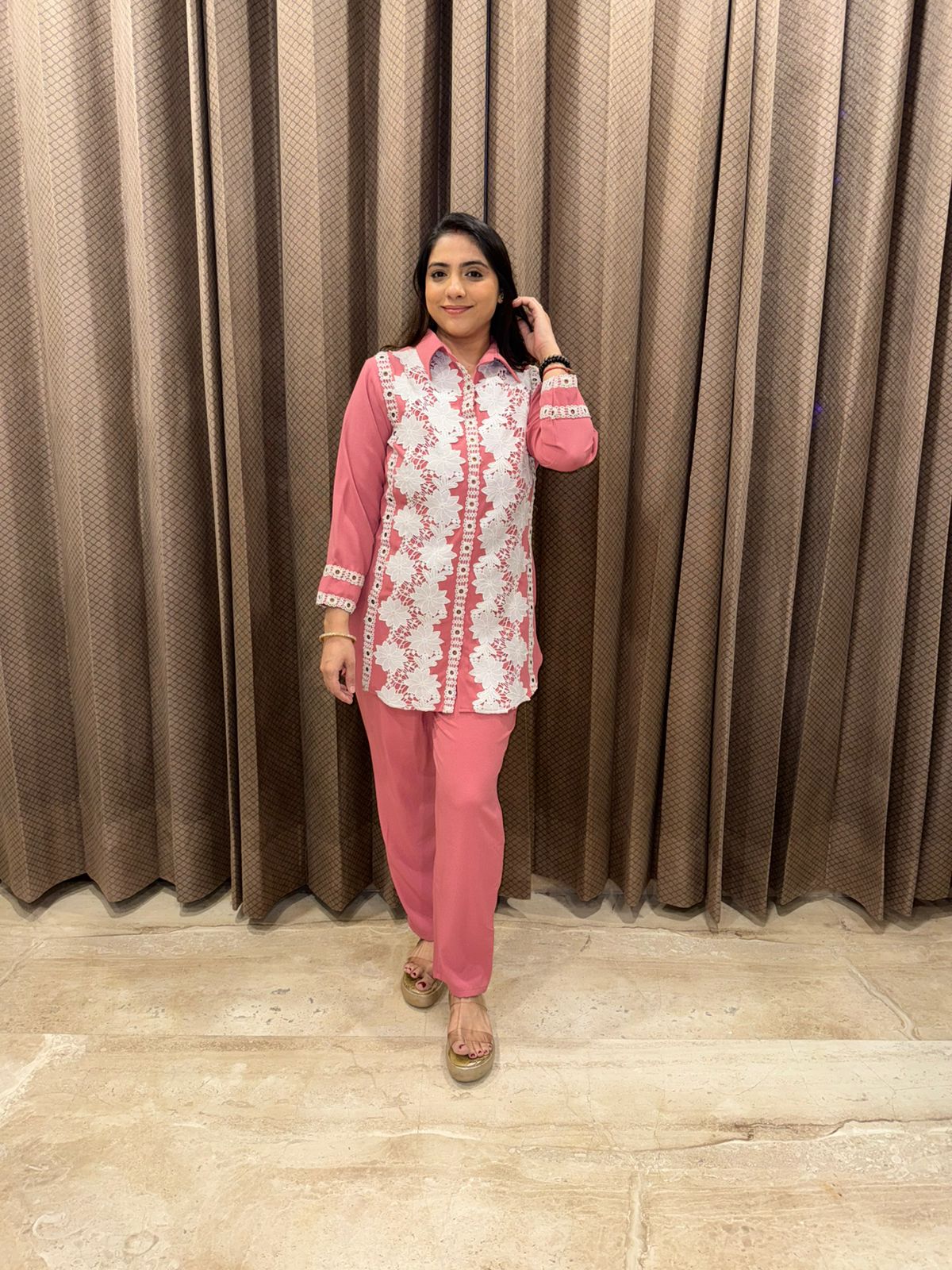 Elegant Pink & White Co-ord Set with Lace Detailing