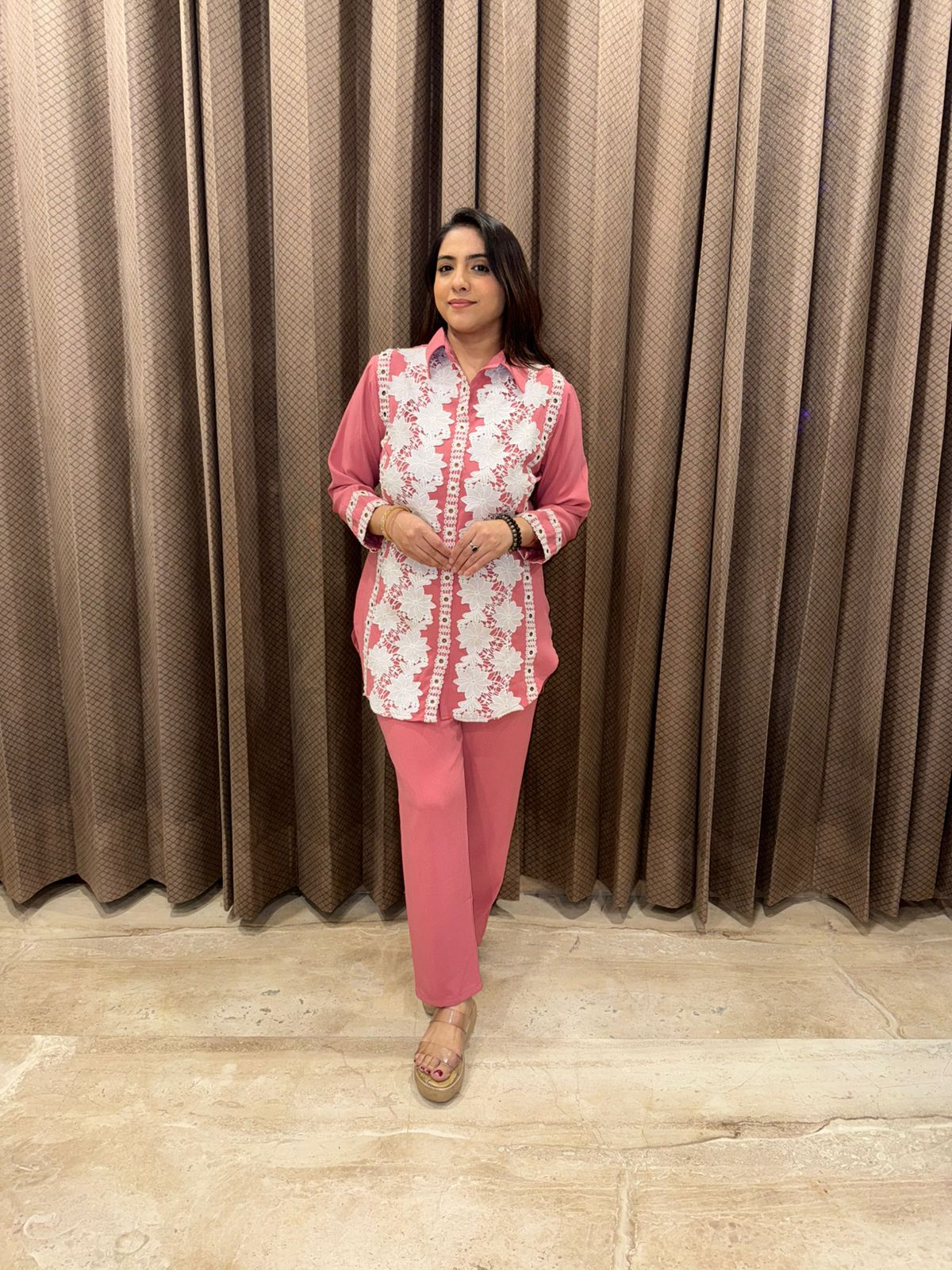 Elegant Pink & White Co-ord Set with Lace Detailing