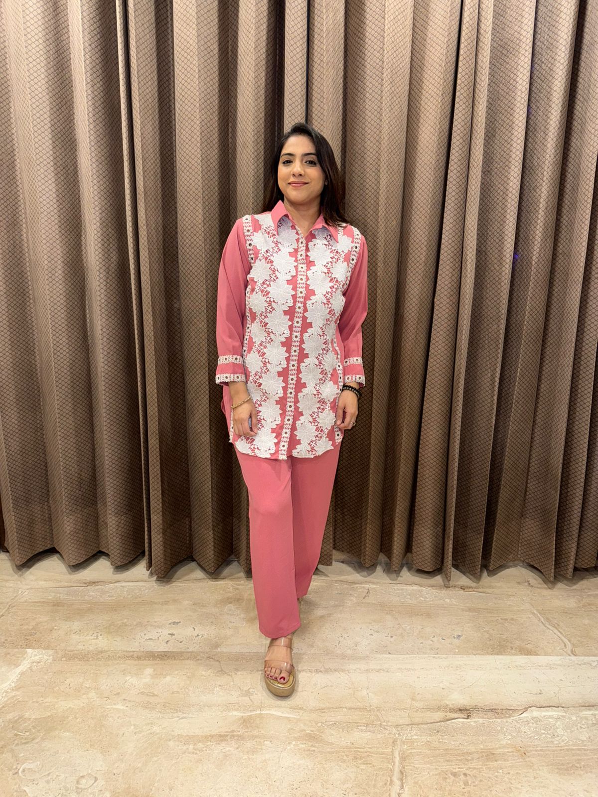 Elegant Pink & White Co-ord Set with Lace Detailing