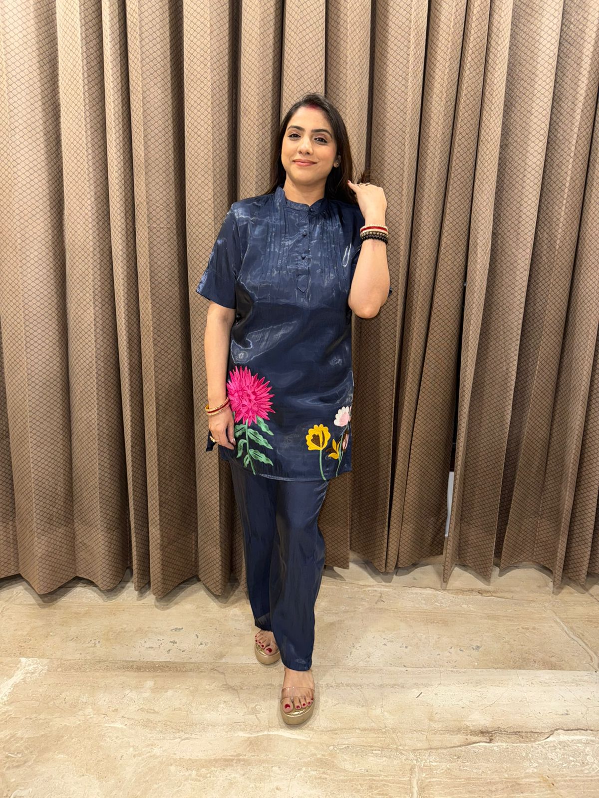 Navy Blue Floral Embroidered Co-ord Set