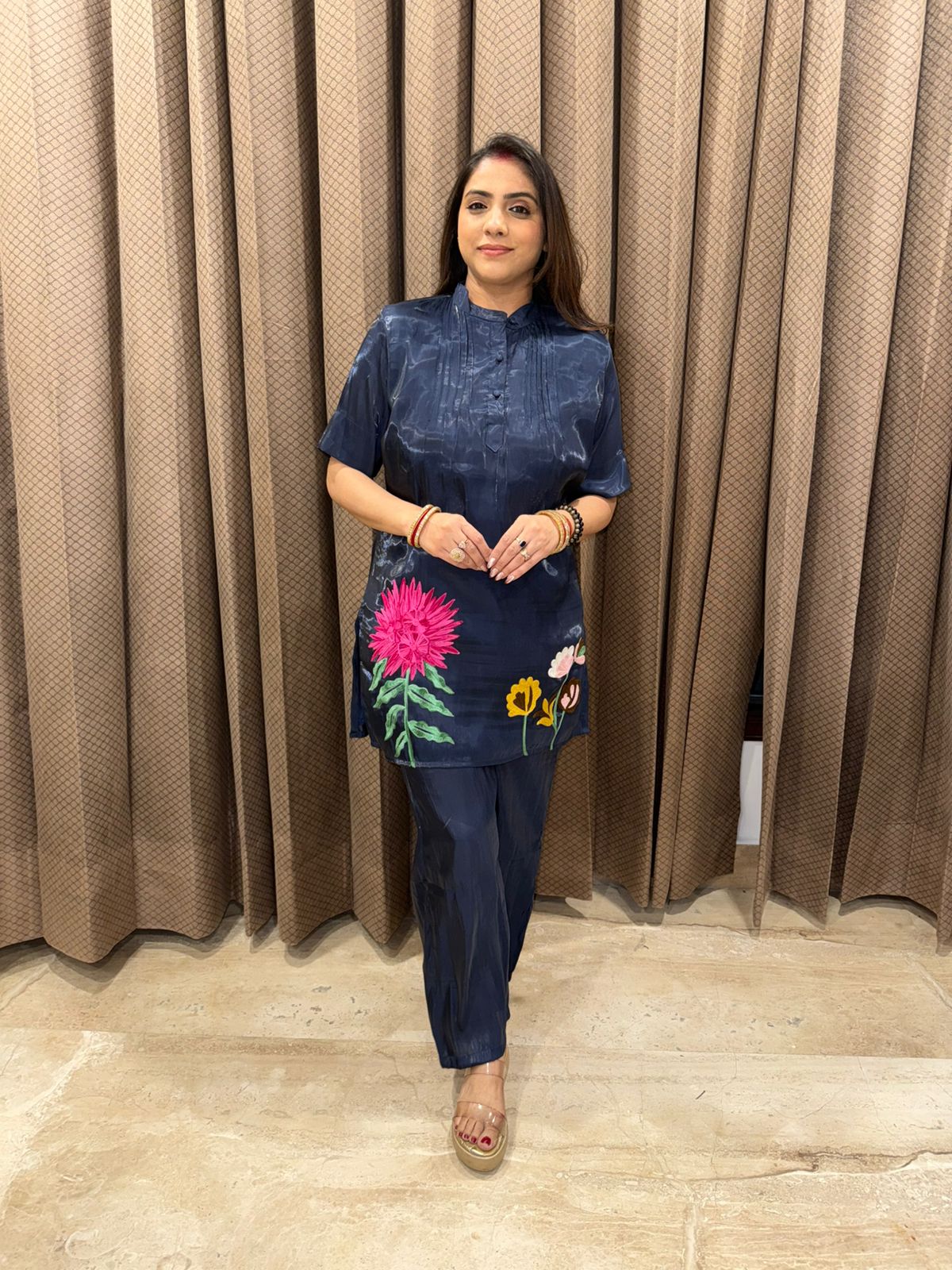 Navy Blue Floral Embroidered Co-ord Set