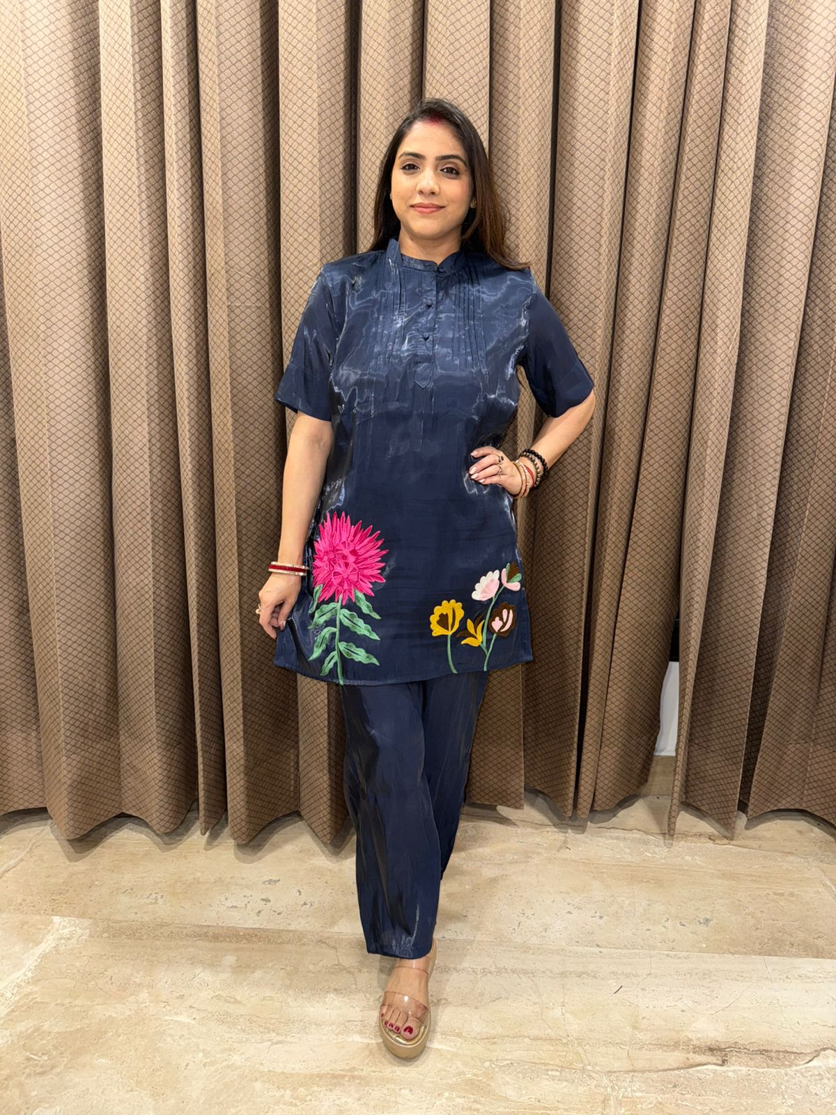 Navy Blue Floral Embroidered Co-ord Set