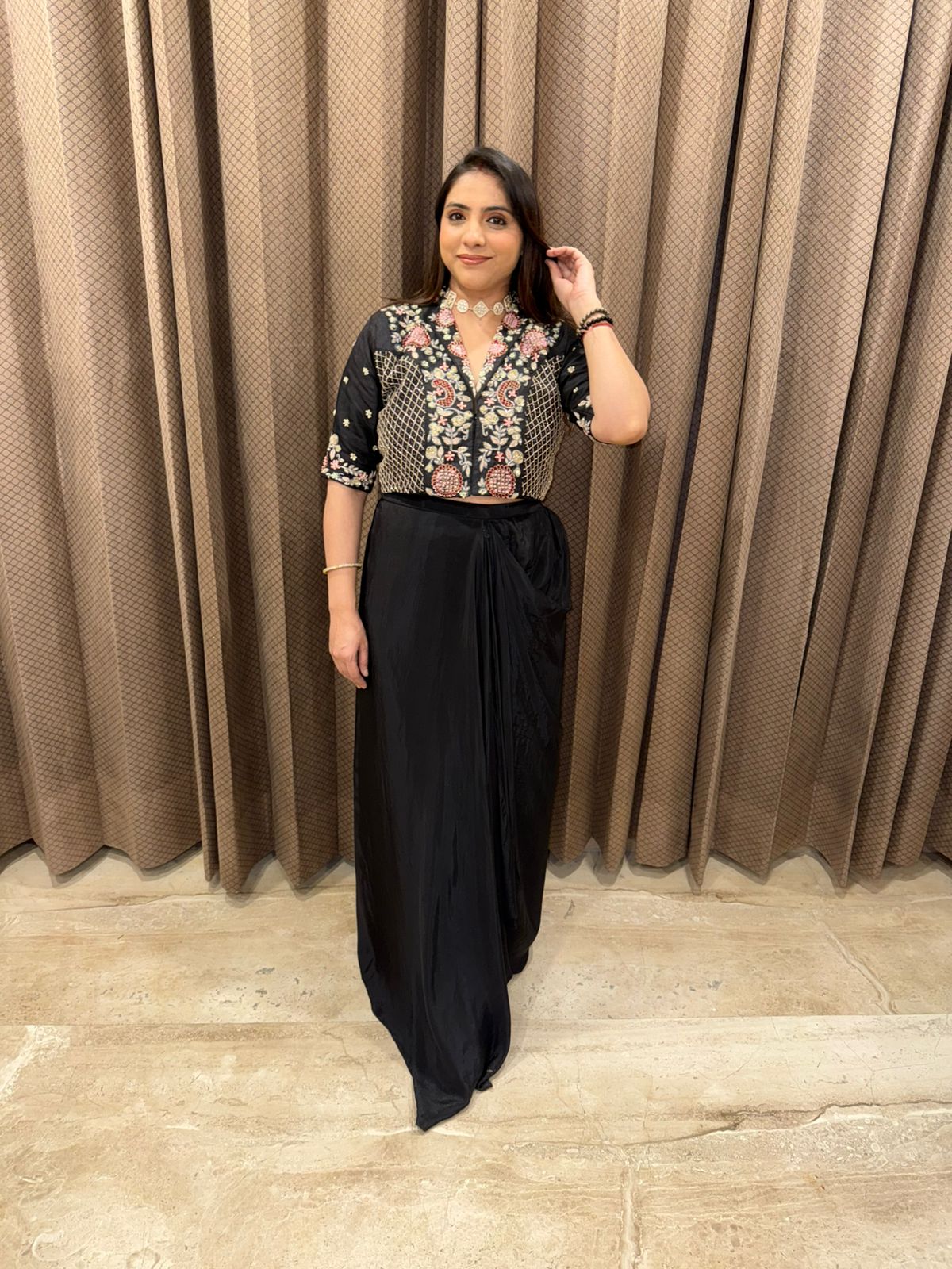 Elegant Black Indo-Western Drape Set with Hand-work