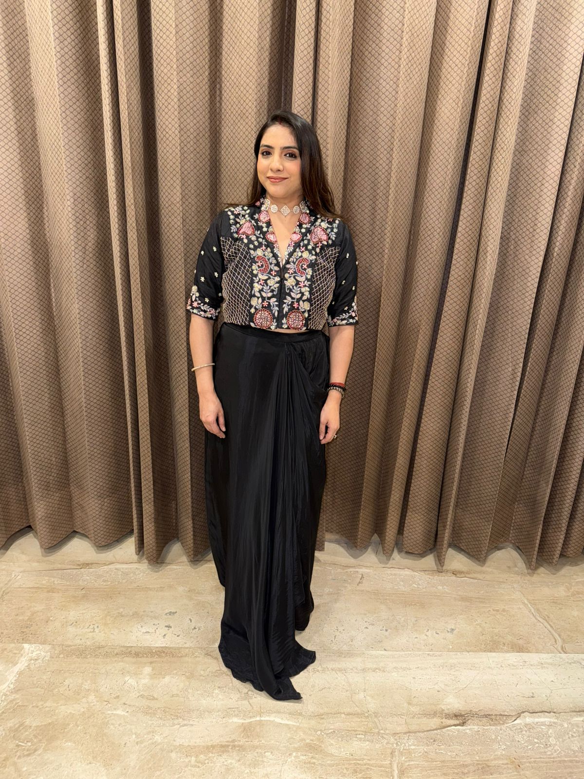 Elegant Black Indo-Western Drape Set with Hand-work