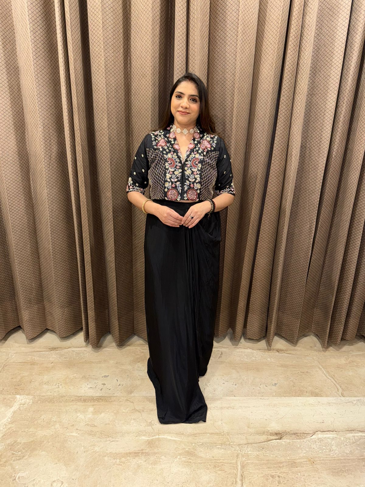 Elegant Black Indo-Western Drape Set with Hand-work