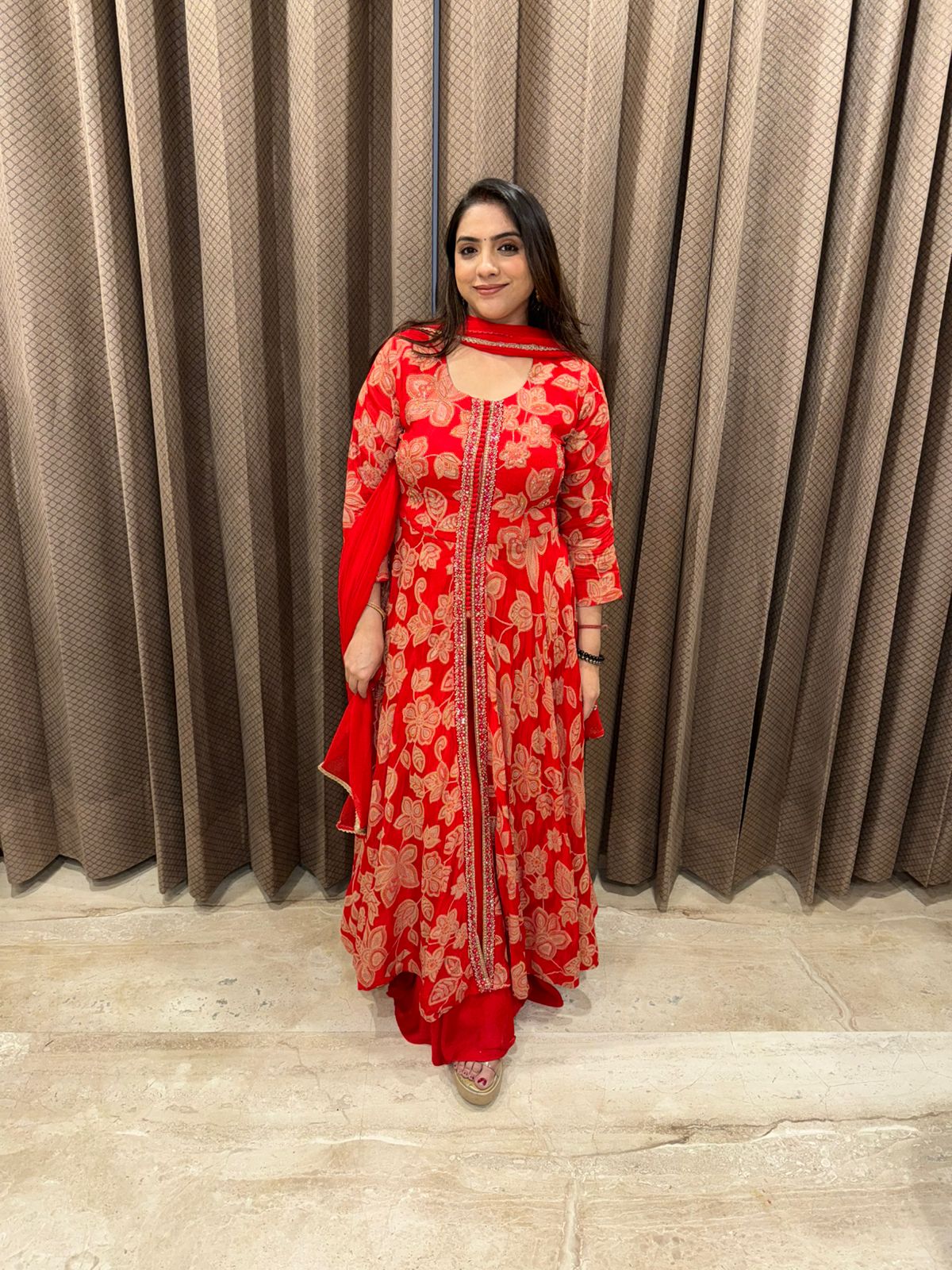 Red Floral Printed Anarkali Suit Set