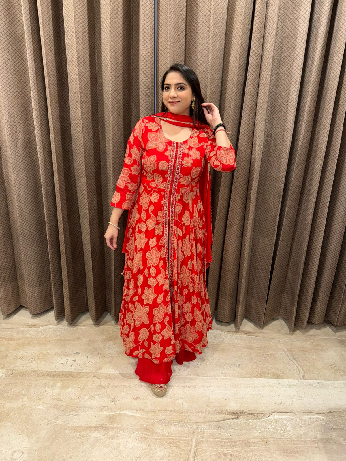 Red Floral Printed Anarkali Suit Set